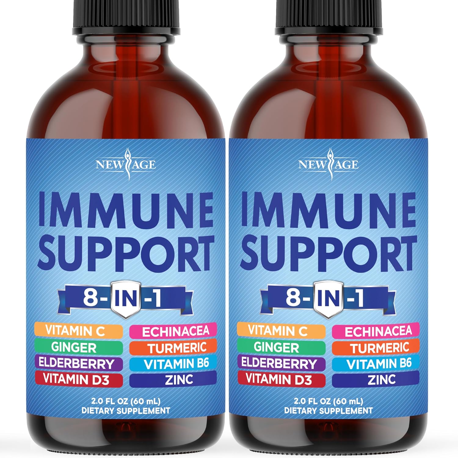 NEW AGE 8-in-1 Immune Support Liquid Drops – Elderberry, Turmeric Curcumin, Echinacea, Ginger, Vitamins C & D3, Zinc & B6 – Fast-Absorbing Immune & Antioxidant Support – Vegan, Non-GMO – 4 oz