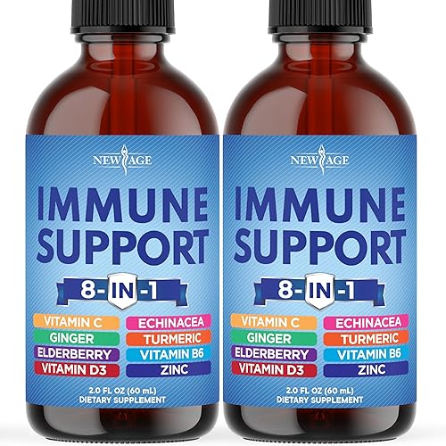 NEW AGE Gotas líquidas de apoyo inmunológico 8 en 1  Baya de saúco, curcumina de cúrcuma, equinácea, jengibre, vitaminas C y D3, zinc y B6  Apoyo