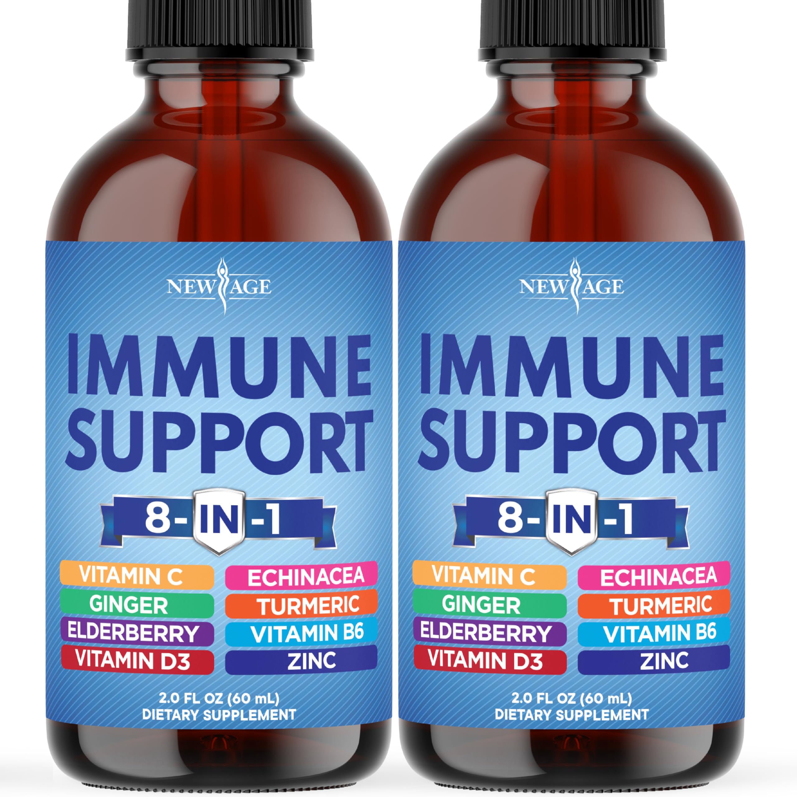 NEW AGE Suplemento Fitoterápico para a Imunidade com Sabugueiro, Cúrcuma, Equinácea, Gengibre, Vitaminas C e D3, Zinco e B6, 2 frascos de 60 mL