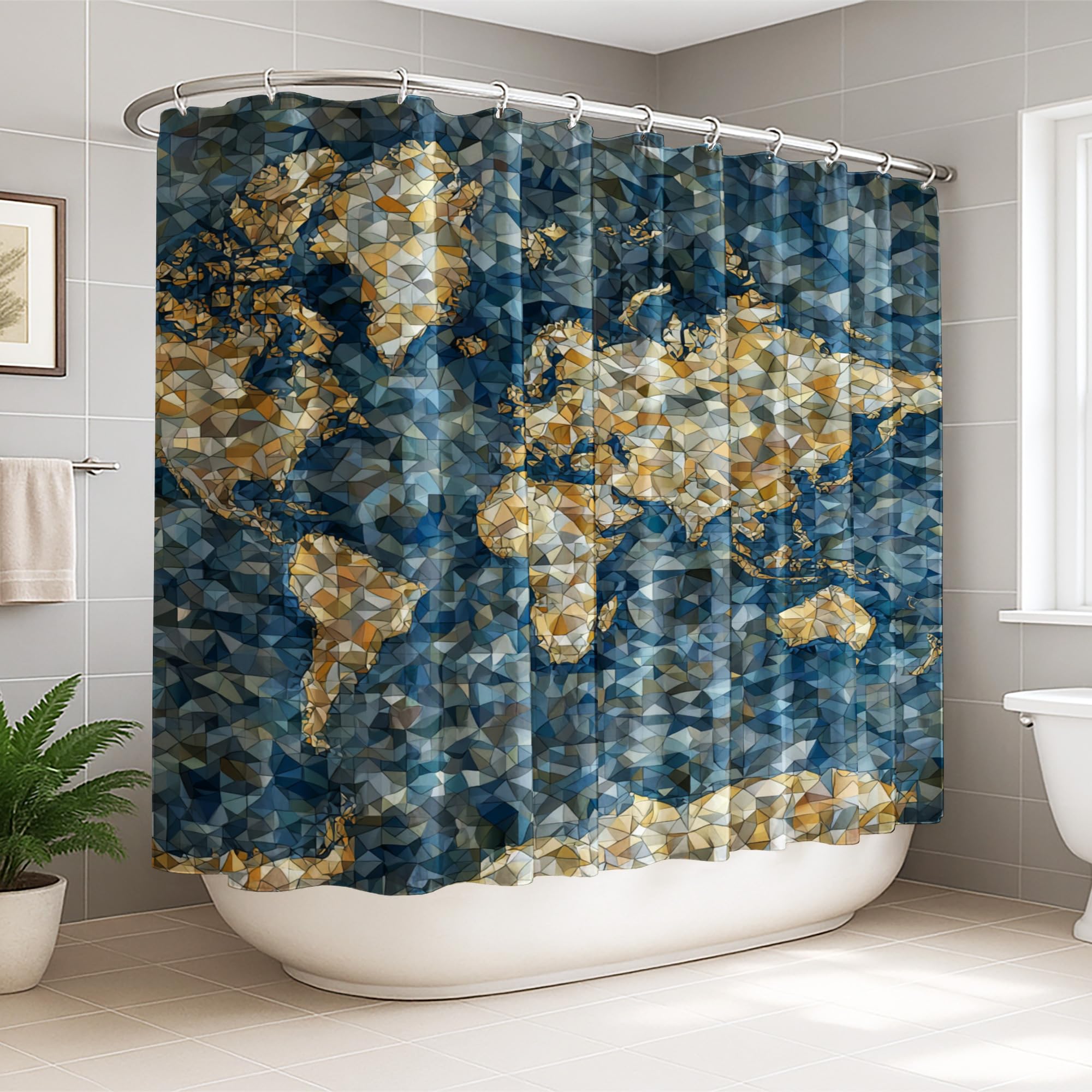 Rideau de douche haut de gamme carte du monde abstraite bleue en textile polyester lourd