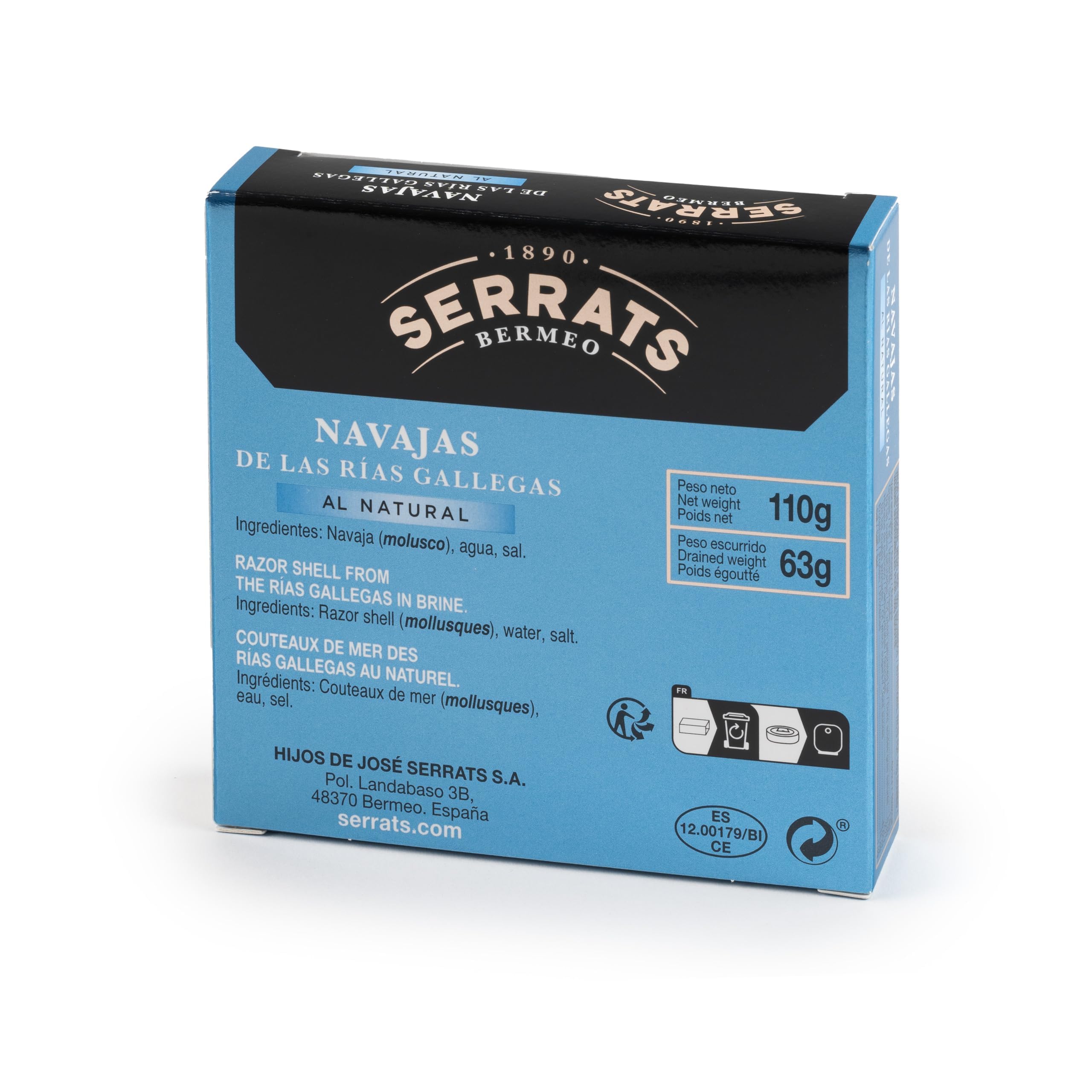 CONSERVAS SERRATS - Cannolicchi delle Rias Galiziane al Naturale - 8 Lattine x 110g (Totale: 880g) - Senza Glutine, Omega 3 - Marisco Gourmet Artigianale Premium (6-8 pezzi/lattina)