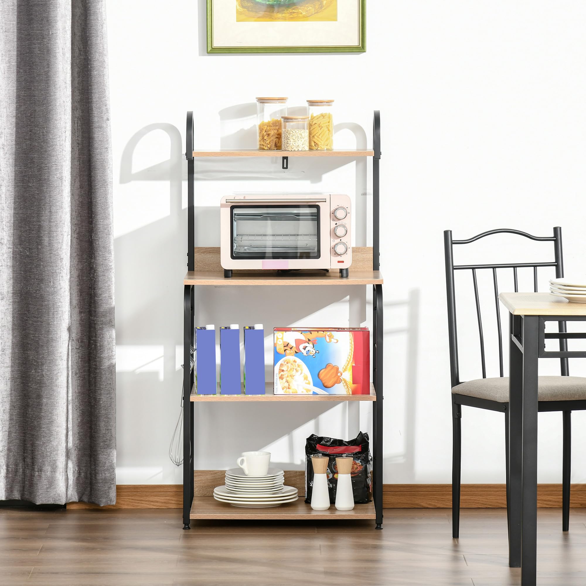 HOMCOM Mobiletto per Microonde, Scaffale da Cucina a 4 Ripiani e 4 Ganci, Mobile Cucina in Acciaio e Legno 60x40x125cm, Color Legno