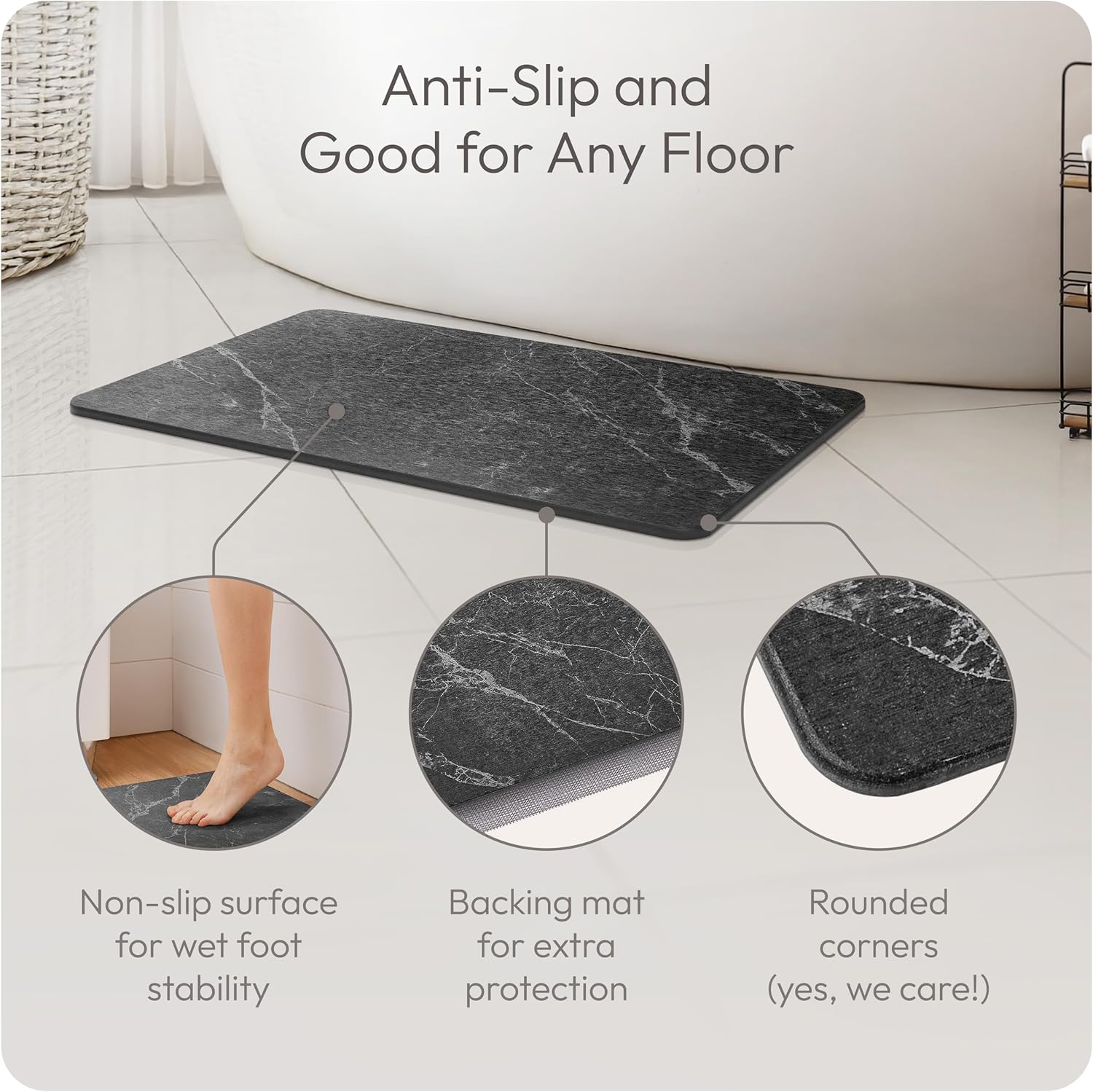 Stone Bath Mats for Bathroom - Diatomaceous Earth Bath Mat, Quick-Dry Bath Stone Mat & Large/Small Stone Shower Mat, Anti-Slip 100% Natural Stone Bathmat, 2 Stone Mats (Black Marble)