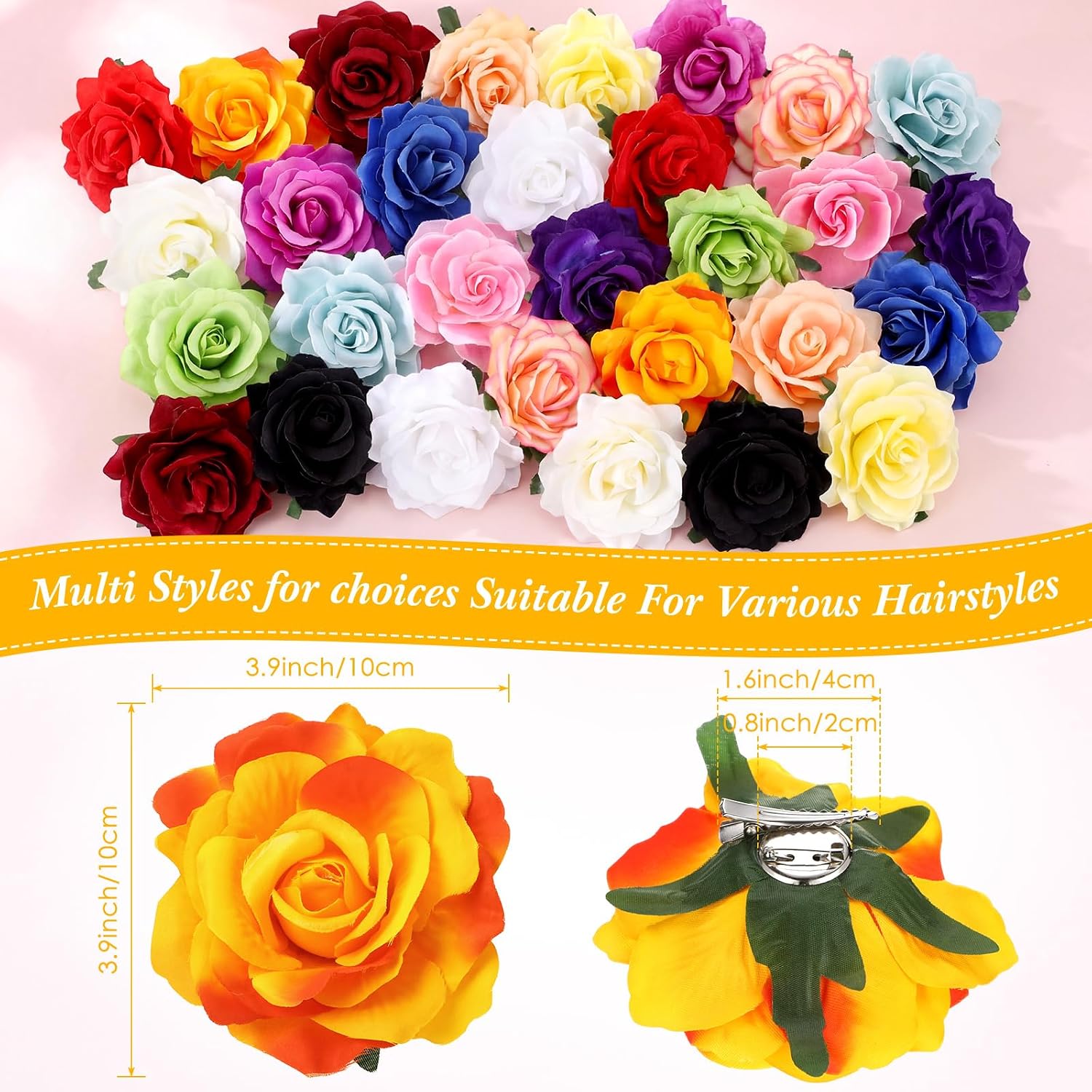 Waydress 30 Packs 4 Inch Flower Hair Clip Rose Hair Accessories Floral Hairpin Brooch Flowers Pin Brooch for Bridal Headpiece Accessories Wedding(15 Colors)