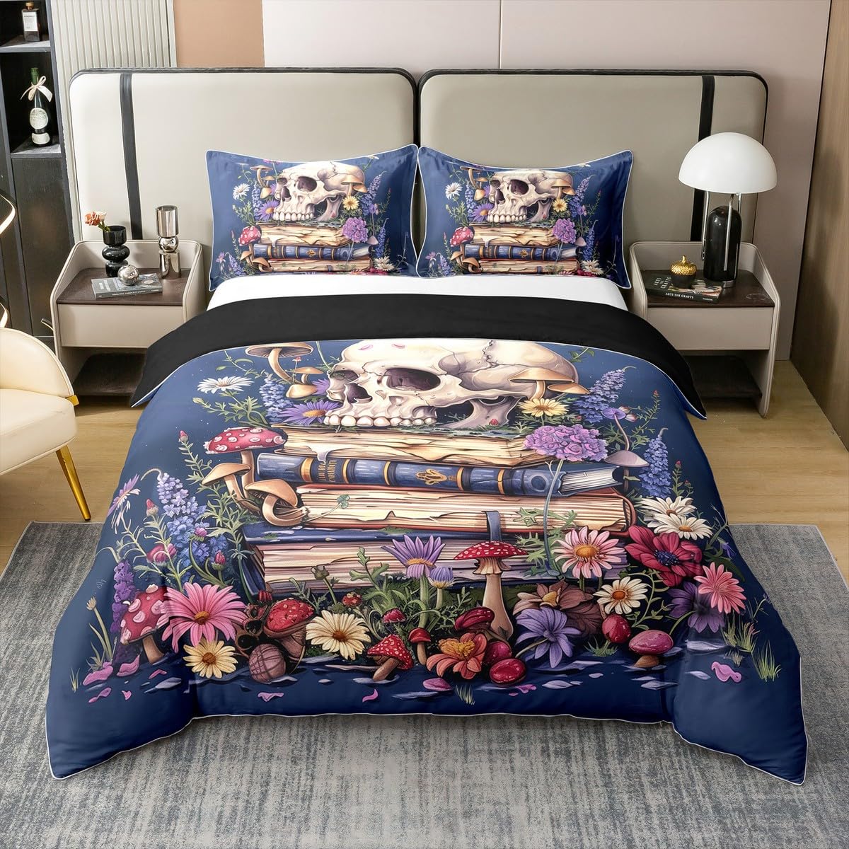 Housse de couette tête de mort en coton style gothique fleuri Manfei