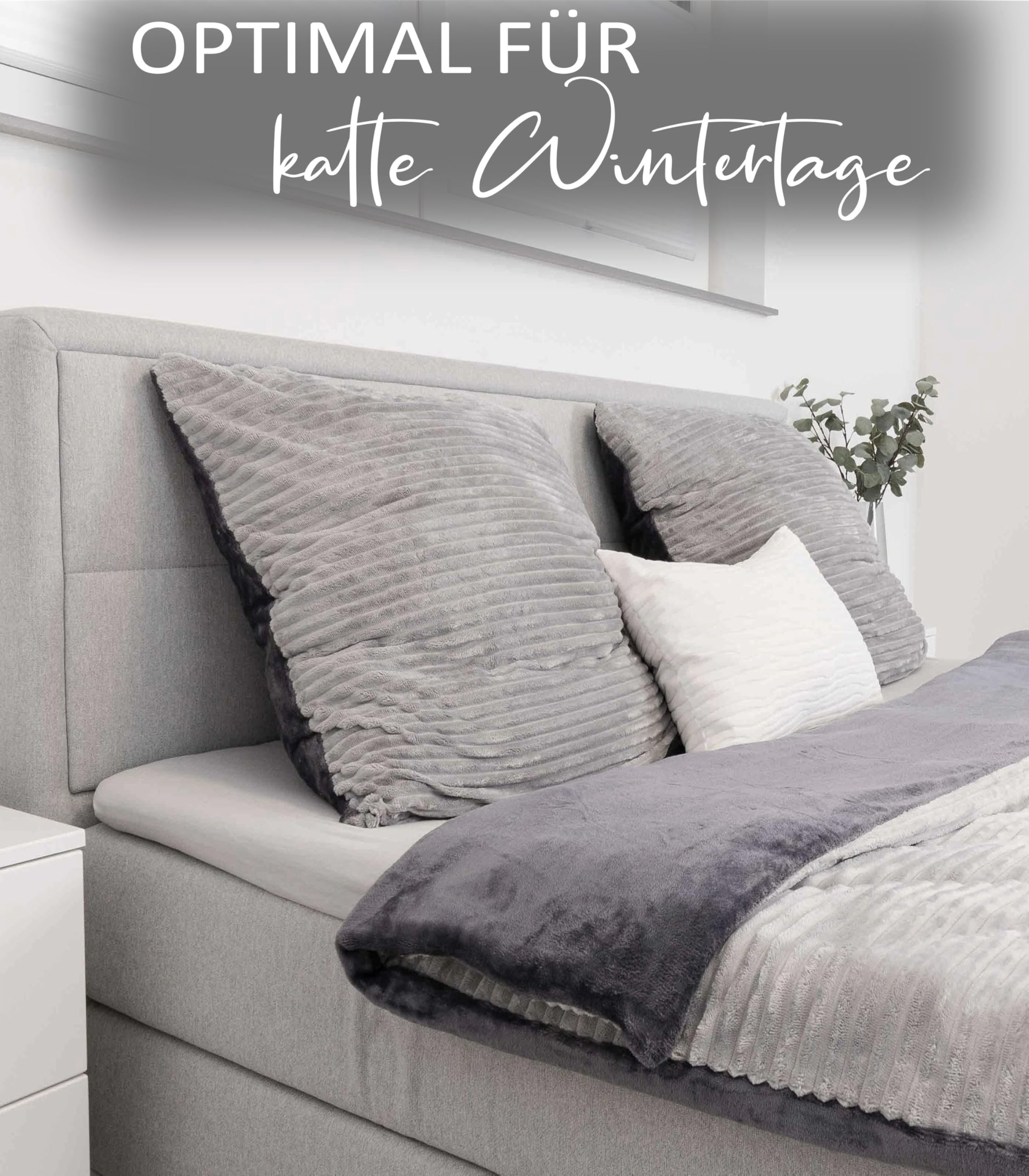 Leonado Vicenti Bettwäsche Cashmere-Touch Teddy Plüsch Set 3-teilig 200x200 cm Cord Optik Winter Coral Fleece kuschelig warm Grau Wendebettwäsche