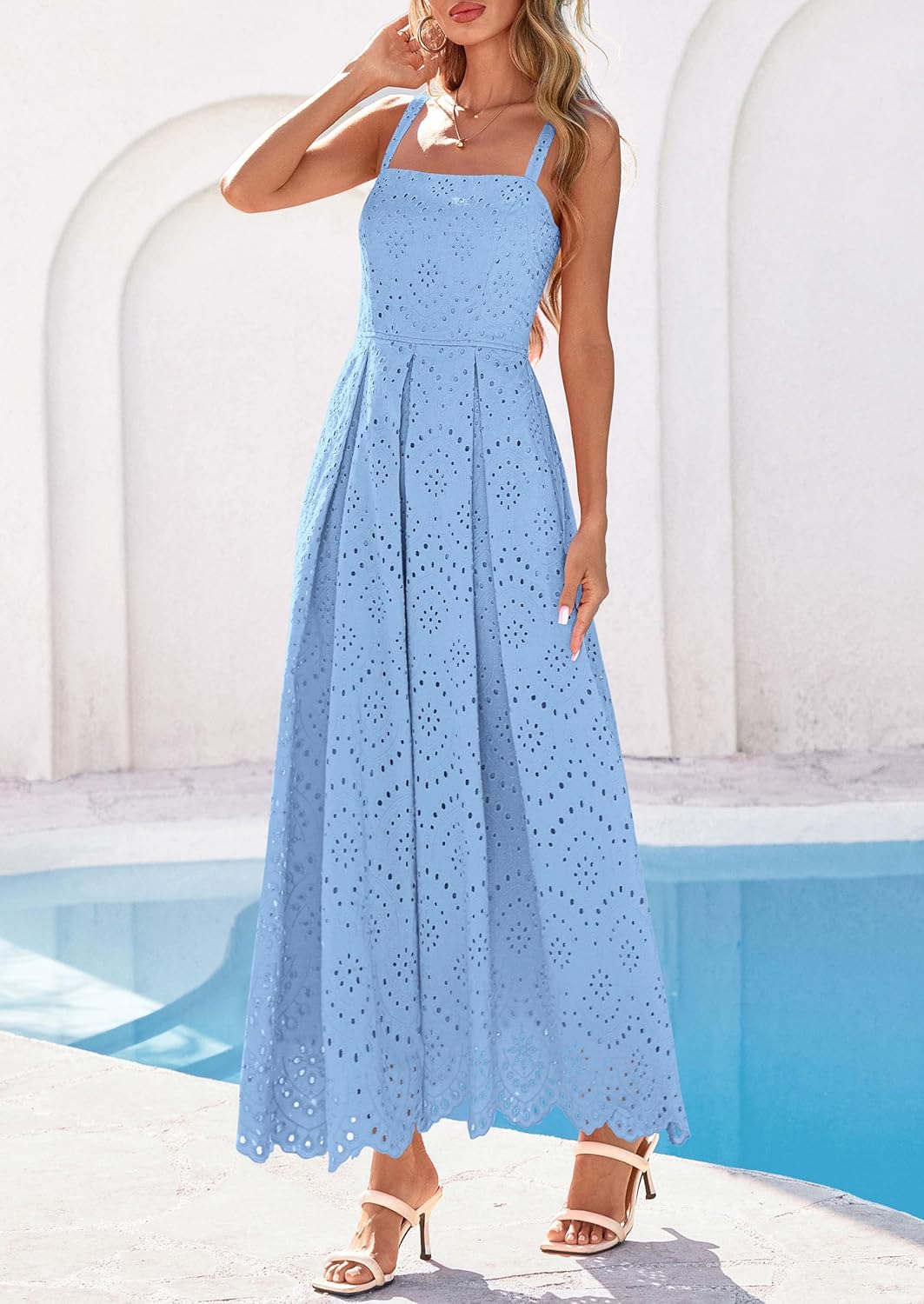 PRETTYGARDEN Womens Sleeveless Maxi Summer Dresses 2026 Hollow Out Eyelet Square Neck Ruffle Flowy Beach Vacation Sundress - Image 7