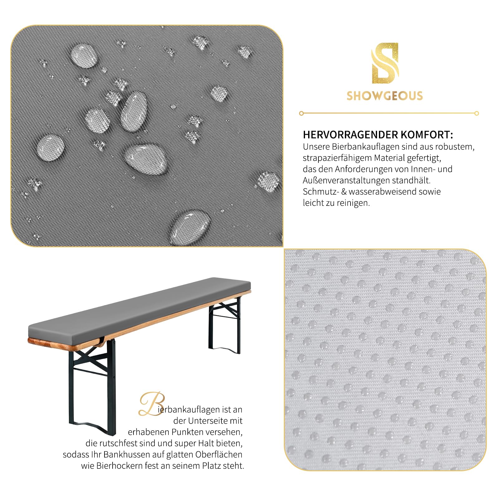 Showgeous 4er-Pack Bierbankauflage Gepolstert für Bierzeltgarnitur Bankauflage 220x25x3cm XL Waschbare Bierbankauflagen Gepolstert Auflage für Biertisch & Partyzeltgarnitur(Grau,Wasserabweisend)