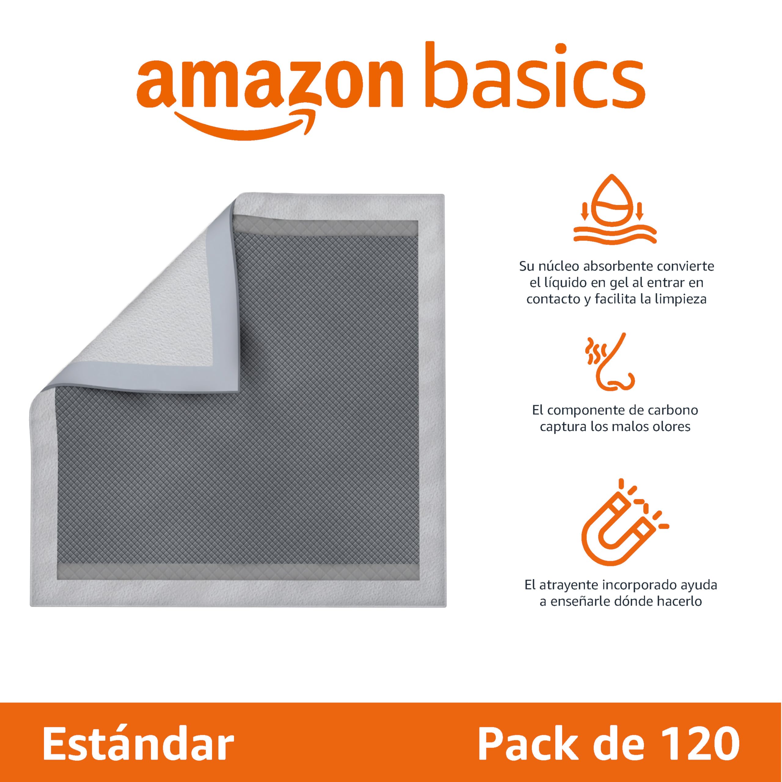 Amazon Basics Almohadillas de adiestramiento de perros y cachorros, carbón para control de olor, a prueba de fugas con superficie de secado rápido, regular, 120 unidades, Gris
