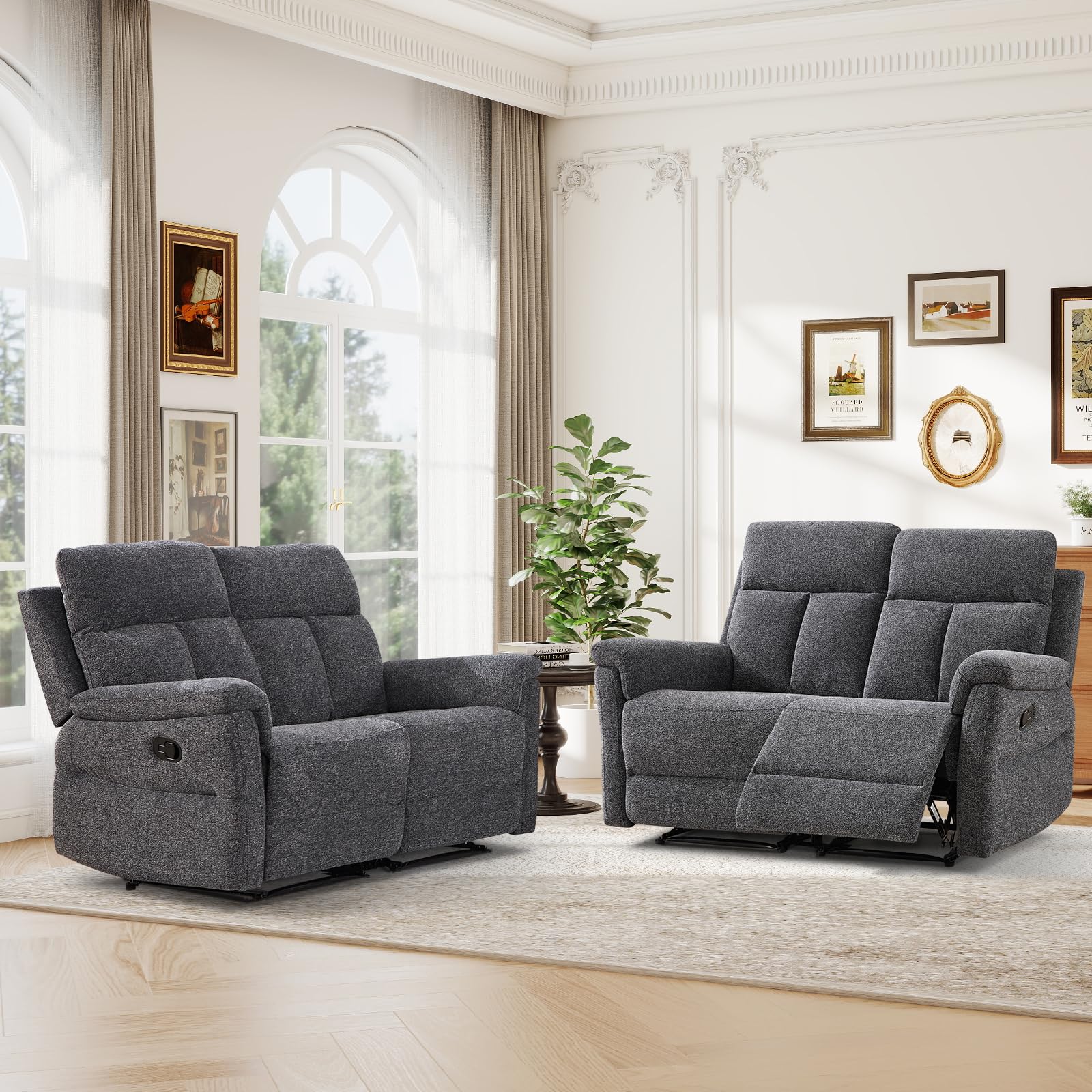 ANJ 2-Piece Manual Reclining Loveseat Set, 2 Seat Recliner Sofas with Padded Arms and Supportive Backrest, Comfortable Fabric Reclining Couch Set for Living Room, Dark Grey