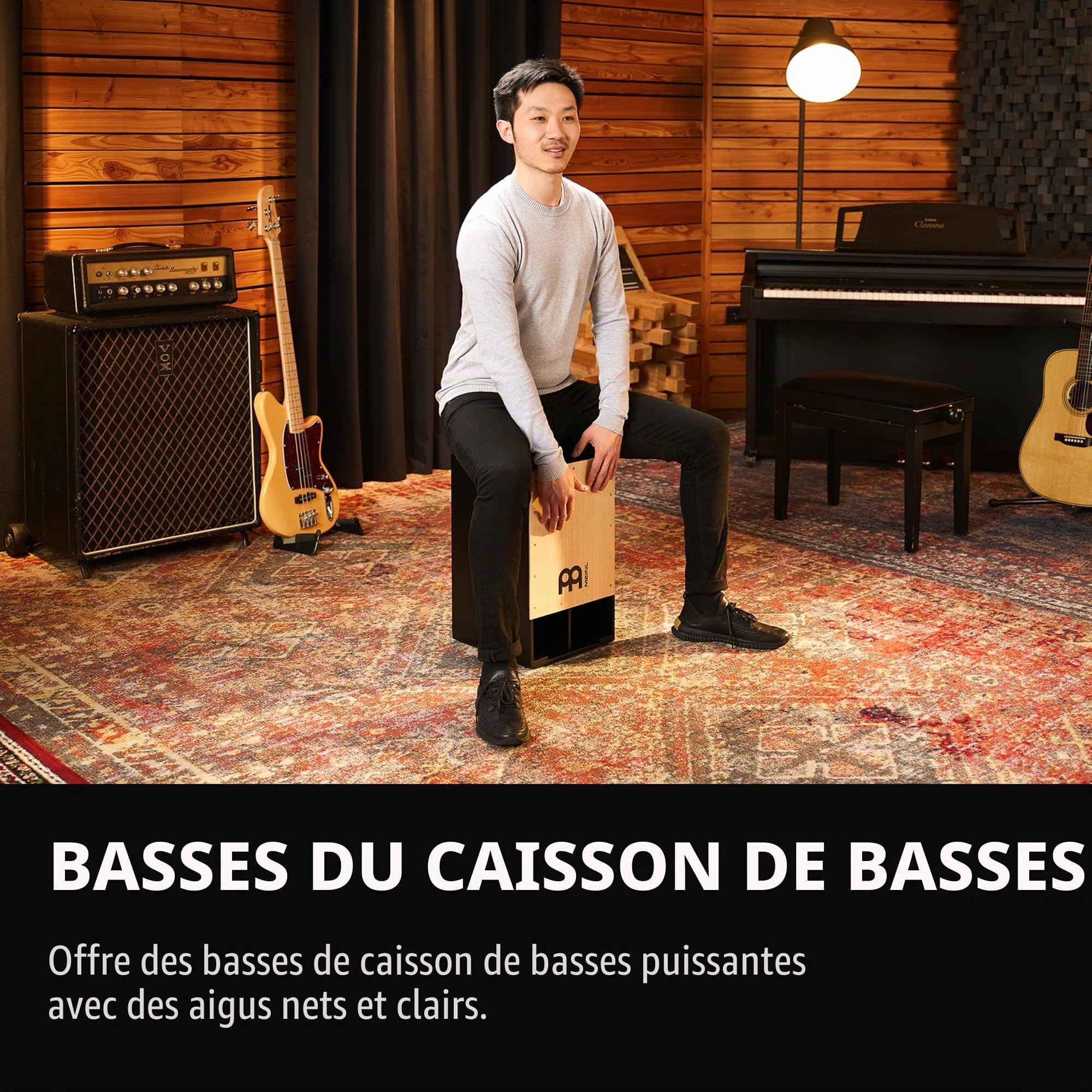 Meinl Percussion Subwoofer Cajon Instrument - Grande drum box avec 2 rosaces projetant le son - Surface de jeu American White Ash (SUBCAJ1AWA)