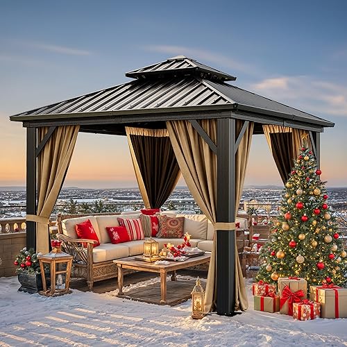 YITAHOME 10x10ft Hardtop Gazebo with Nettings and Curtains, Heavy Duty Double Roof Galvanized Steel Outdoor Combined of Horizontal Vertical Stripes Roof for Patio, Backyard, Deck, Lawn Brown