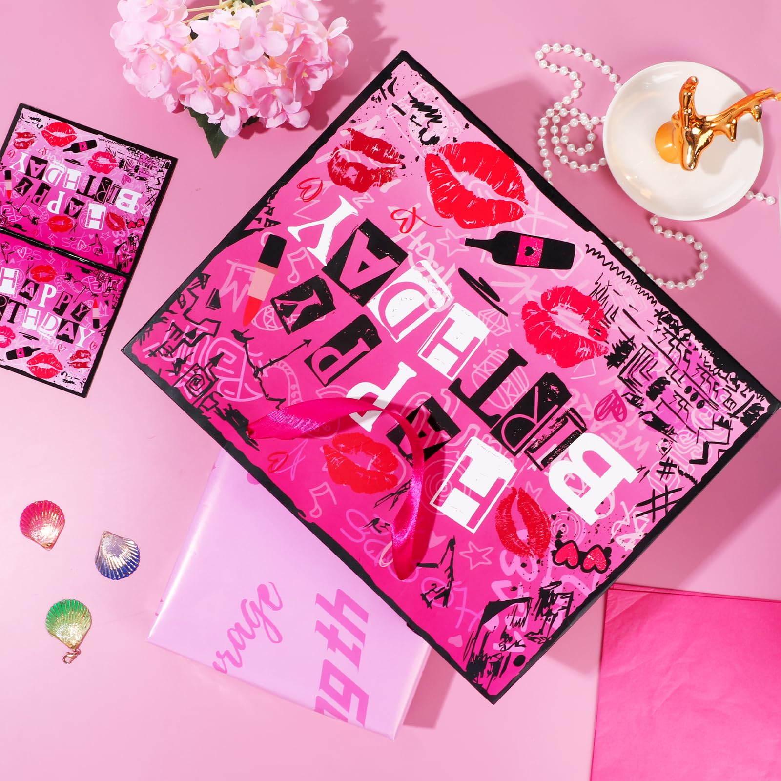 Large Pink Birthday Gift Bag Set - 11.8x9.44x5.31 Inch With Card & Tissue Paper, Graffiti Lip Design