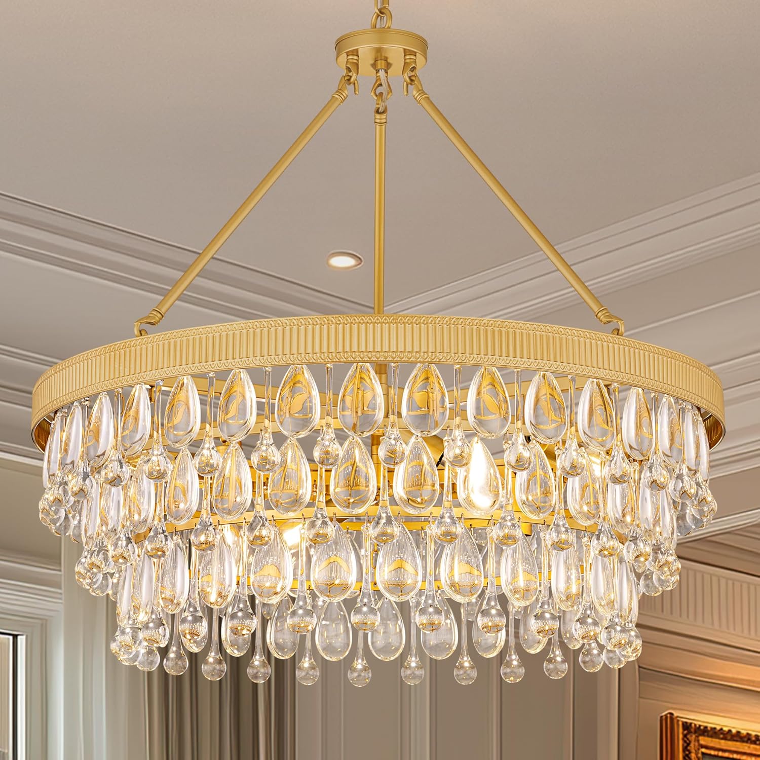 TOCHIC Crystal Chandelier, 6-Light 3 Tiers Gold Crystal Chandelier Light, Modern Farmhouse Luxury Light Fixture for Bedroom, Dining Room, Kitchen Island, Living Room, Entryway, 28"