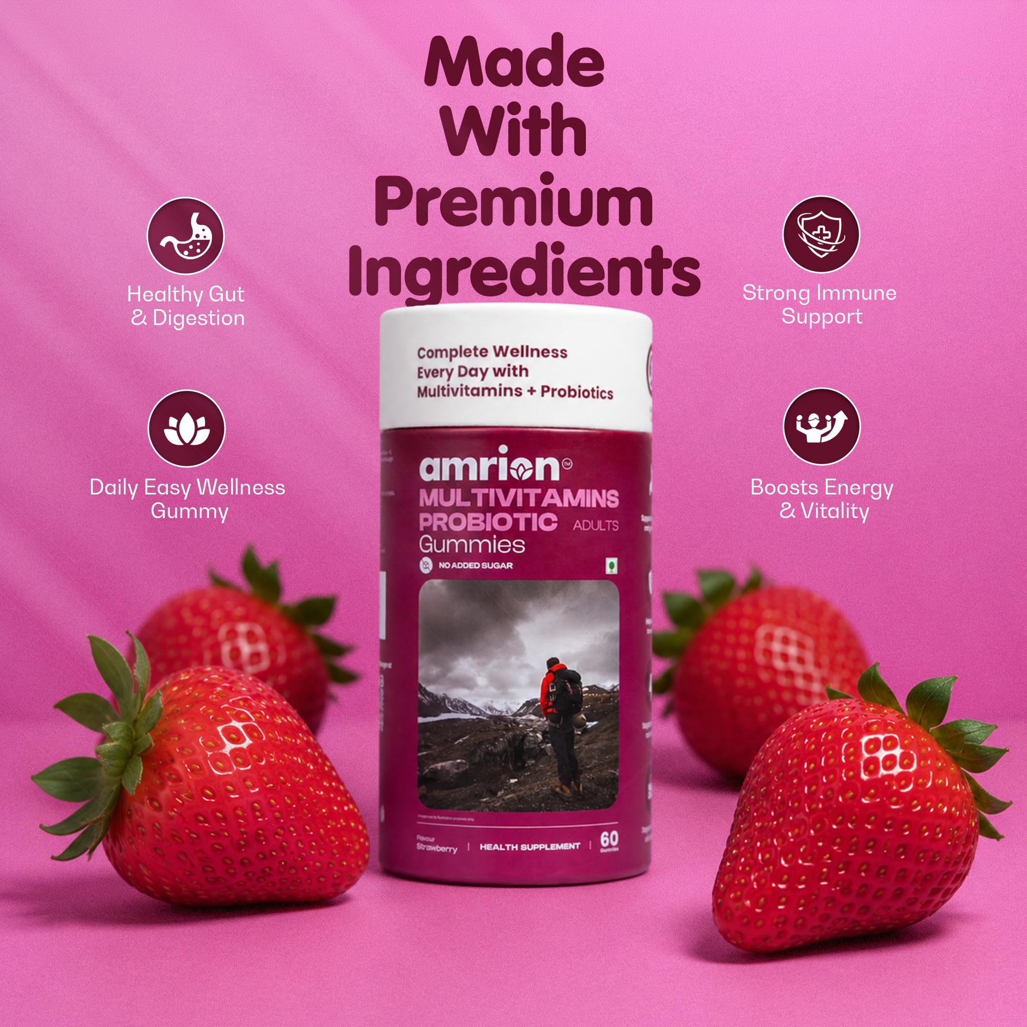 Multivitamins + Probiotic Gummies for Adults | Strawberry Flavour | No Added Sugar | With Vitamins A, B3, B6, B12, C, D2, E, Zinc, Biotin & Iodine | Bacillus clausii UBBC-07 | 60 Gummies | 180g — Amazon image 6