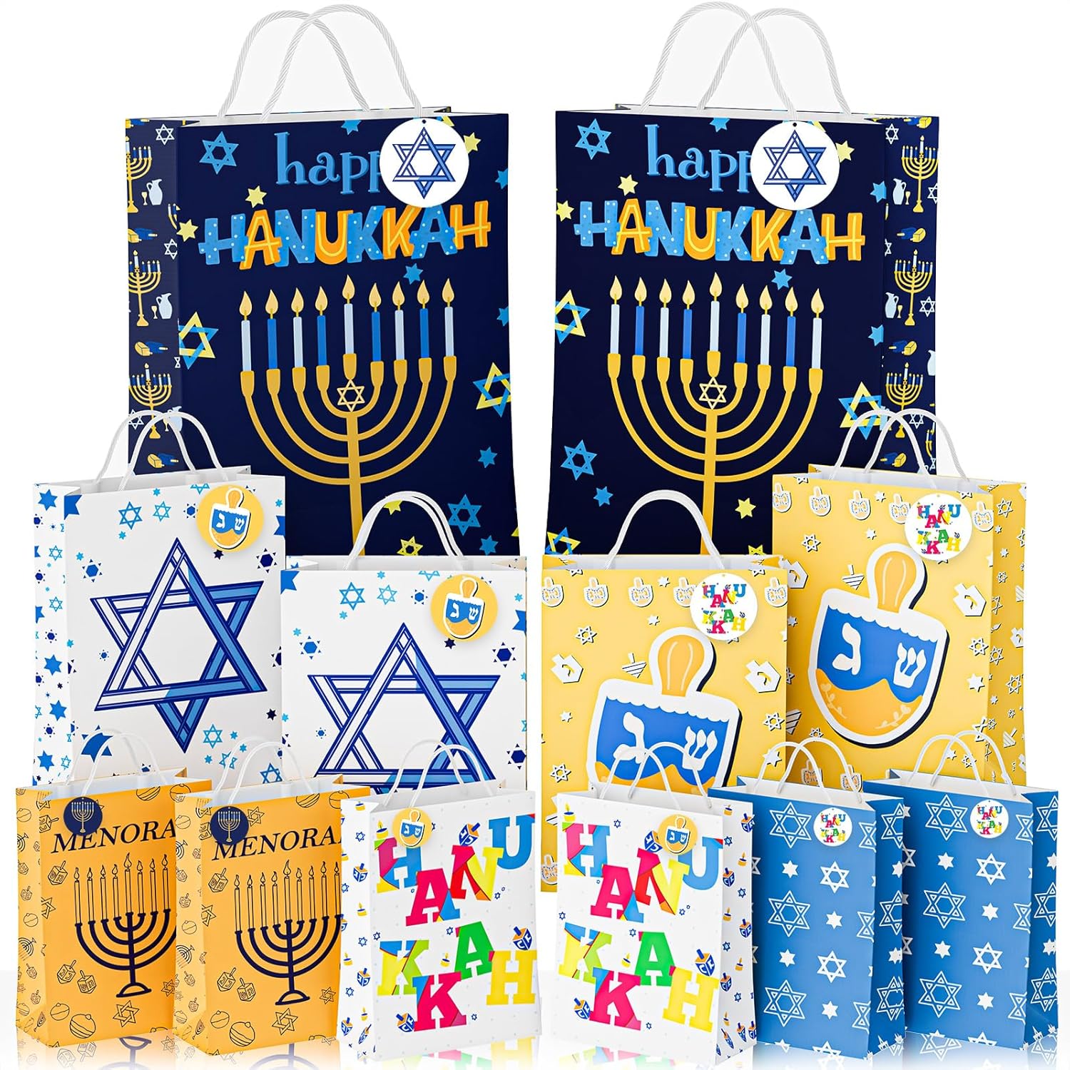 Kenburg 12 Pcs Hanukkah Gift Bags, Assorted Sizes with Tags 6 Style Hanukkah Handle