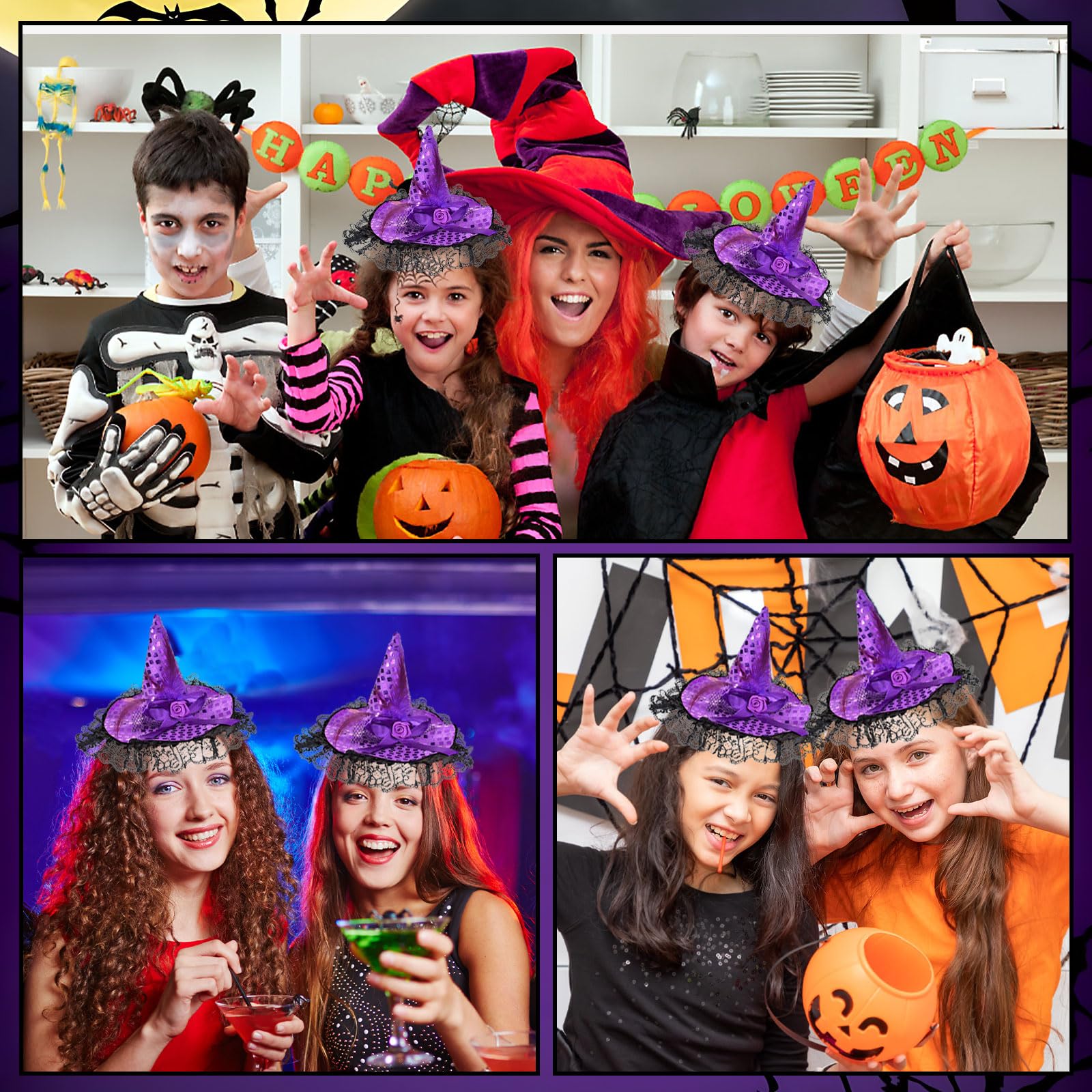 Opaska na głowę z kapeluszem czarownicy, opaska na głowę na Halloween z koronką z piórami kokarda, dekoracyjna opaska do włosów czarownicy, na imprezę maskową, cosplay Halloween
