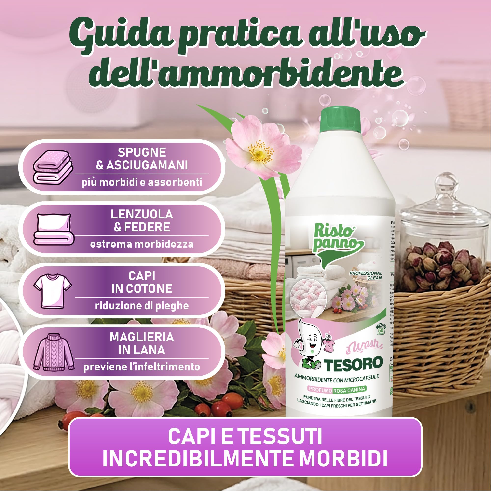 3 PZ x 1L Ammorbidente Lavatrice Concentrato con Microcapsule Profumate - Fragranza Rosa Canina - Azione Antistatica - Profuma Biancheria per Lavatrice e Bucato a Mano (WASH TESORO)