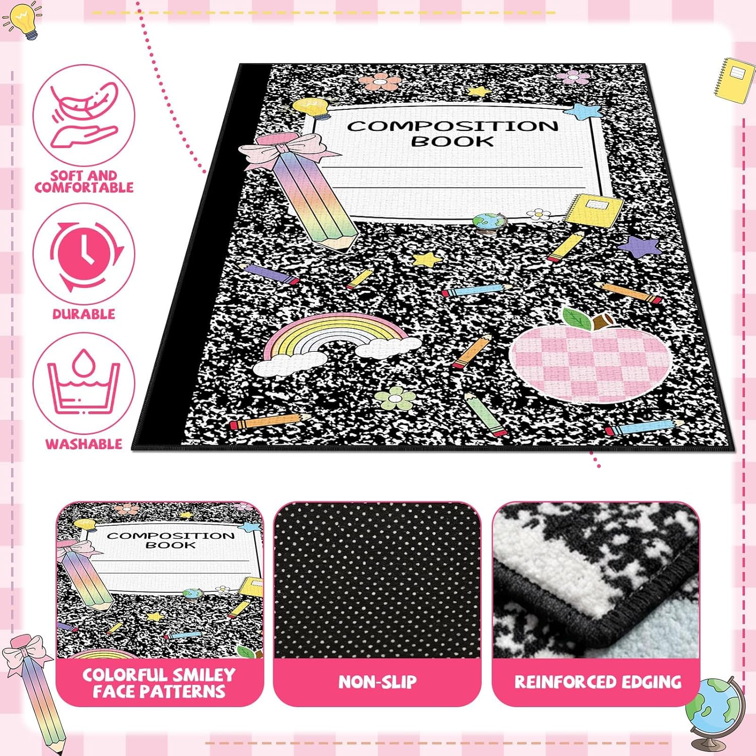 5x7.6 ft Composition Notebook Classroom Rug Black and White Educational Area Mat Composition Book Play Carpet Educational Learning Mat for Preschool Nursery Kindergarten(Black White Notebook)
