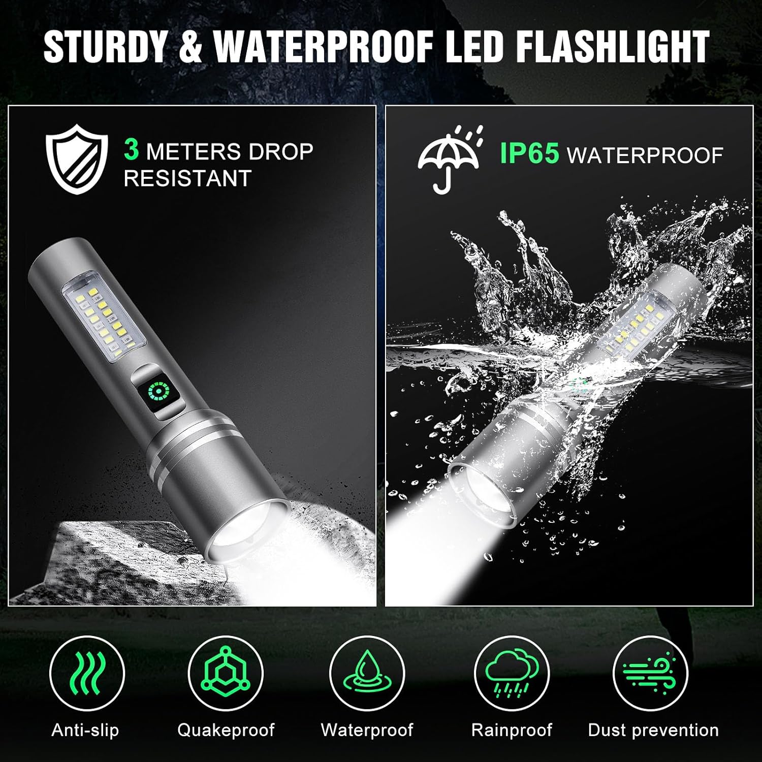 Flashlight High Lumens Rechargeable, 3000 Lumen Super Bright Led Flashlights with 6 Light Modes, IPX6 Waterproof, Powerful Handheld Flash Light for Camping Home Emergencies （2 Pack）