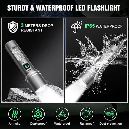 Miniatura 4 de Linterna recargable de alto lúmenes, 3000 lúmenes, linternas LED superbrillantes con 6 modos de luz, IPX6 impermeable, potente luz de flash de mano