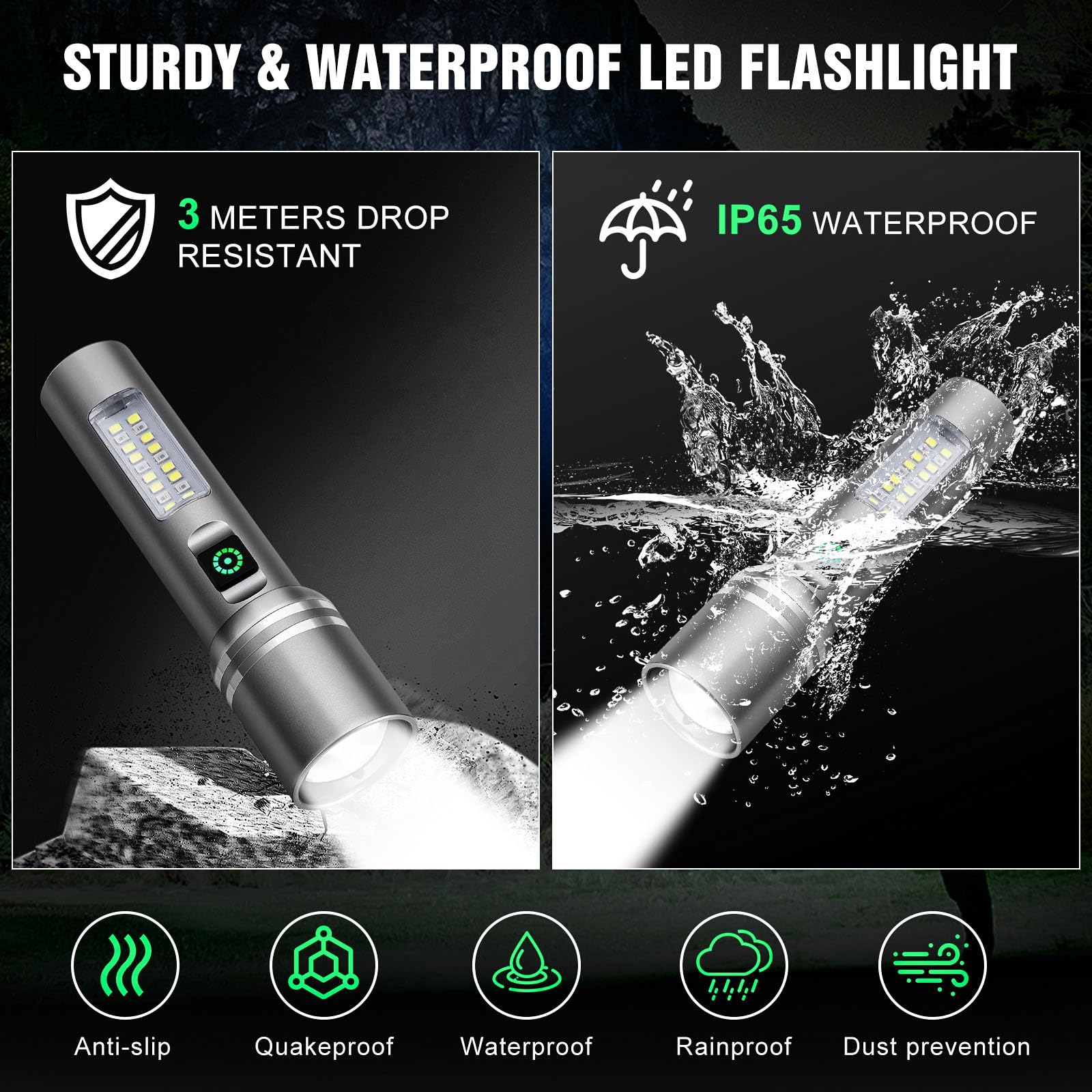 Linterna de alta luminosidad recargable, 3000 lúmenes, súper brillante, linternas LED con 6 modos de luz, IPX6 impermeable, potente luz de flash de mano para camping y emergencias en el hogar