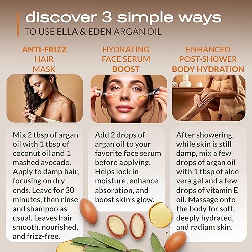 Miniatura 4 de Ella & Eden Aceite de argán orgánico para cabello, cara y piel  100% puro certificado USDA prensado en frío sin refinar  Botella de vidrio - 4 onzas