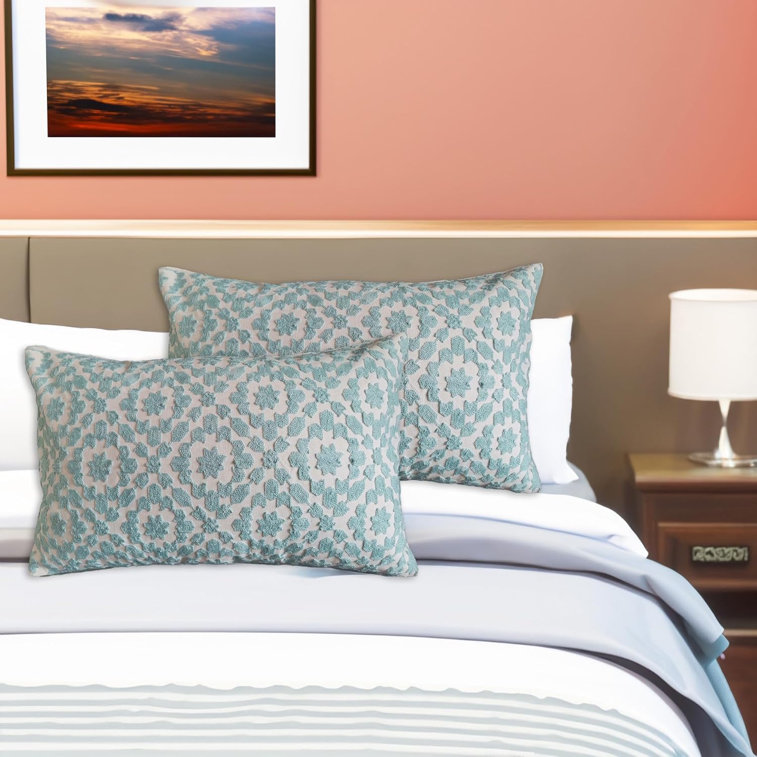 2PCS Pack Lumbar Decorative Throw Pillow Cover 12x20 inch Aquatic Blue Trellis Mina Pillowcase 30x50cm Porcelain Light Blue Cushion Cover Glacier Airy Light Blue Stylish Lumbar Pillow for Bed Outdoor