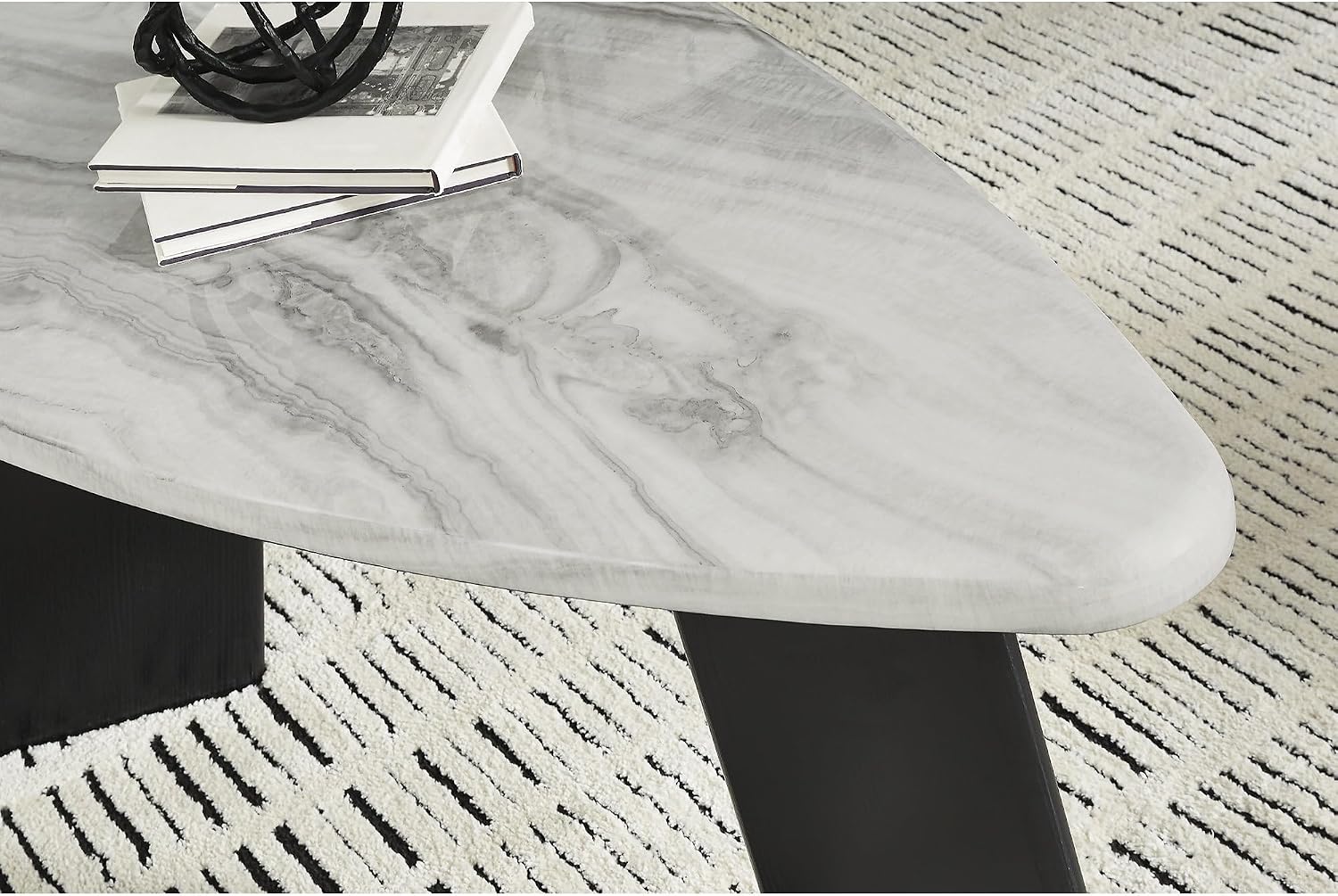 Signature Design by Ashley Lilyberg 3 Piece Coffee Table Set, Black Legs | Engineered wood and decorative laminate, Replicated Carrara marble top, Triangular modern coffee table set, Living room use
