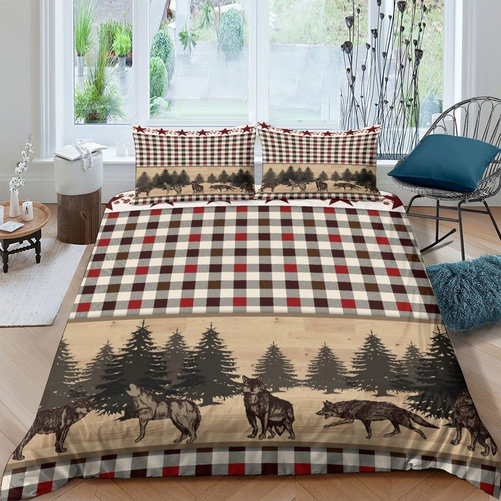 GPLZQXKJNH 3D Printed Forest Elk Duvet Cover Microfiber Soft Breathable Plaid Bedding Set with 2 Pillowcases for Bedroom Decor, Single（135x200cm）