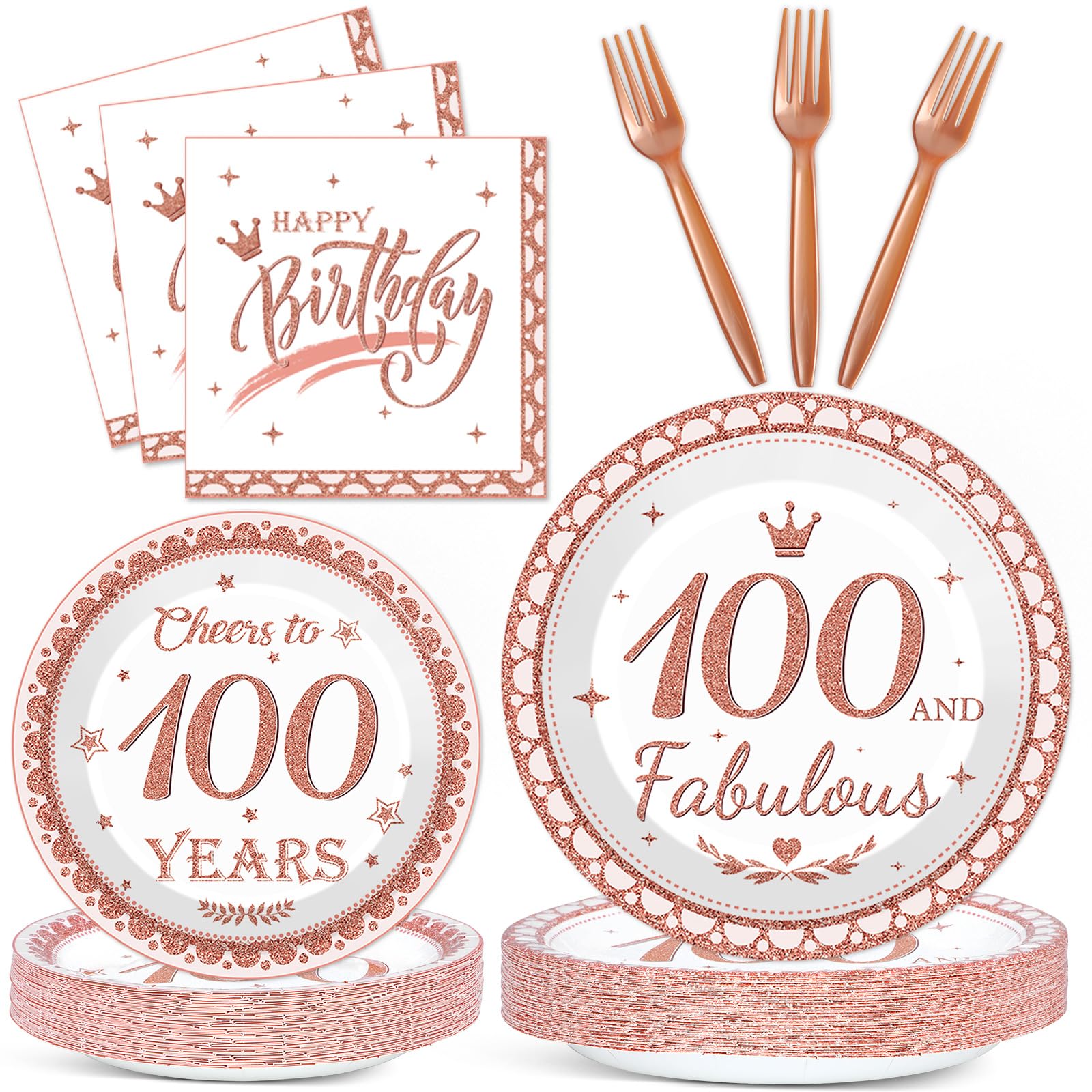 Wiooffen 96Pcs 100th Birthday Decorations for Women Rose Gold Paper Plates and Napkins Forks Set Disposable 100th Birthday Party Supplies Tableware