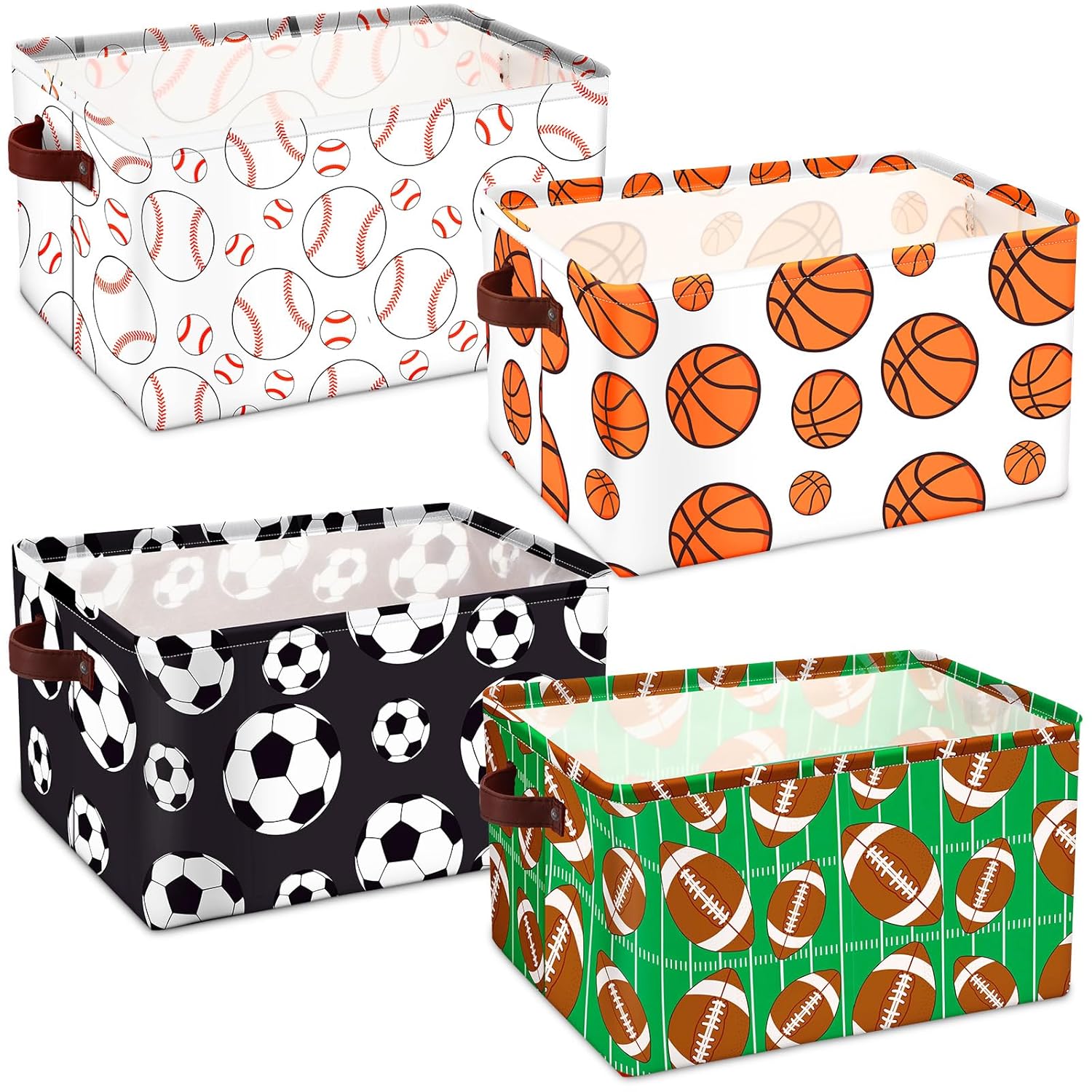 Bokon 4 Pcs Sports Ball Storage Basket Bin Fabric Toys Storage Cube with Handles Collapsible Closet Shelf Cloth Organizer Basket for Nursery Kids Boys Bedroom (Football)