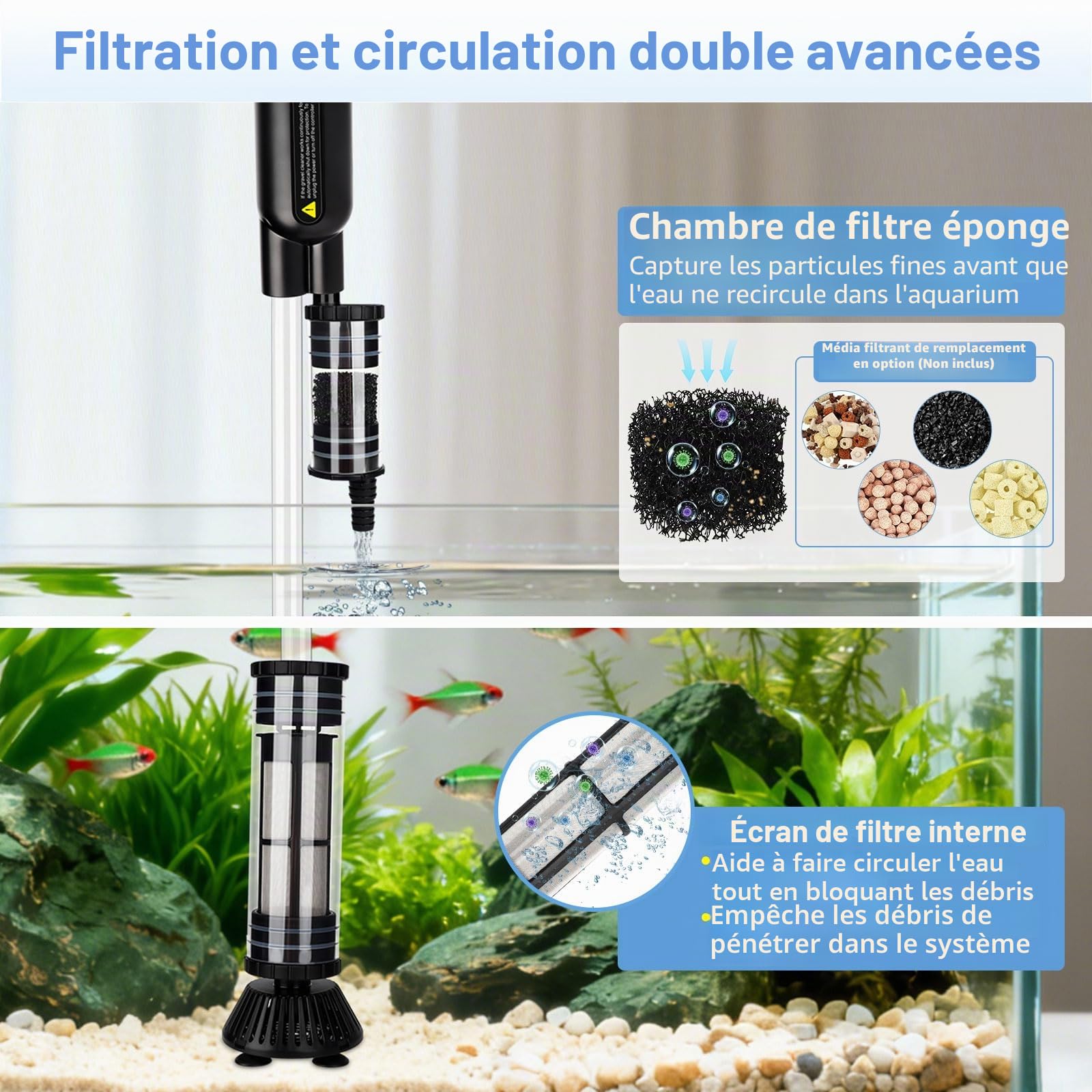 AQQA Nettoyeur de gravier d'aquarium, nettoyeur de gravier DC 18 W amélioré, kit de nettoyage de sable d'aquarium réglable, aspirateur électrique 7 en 1 pour changement d'eau, lavage du sable et