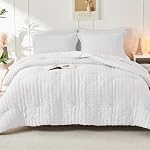 HYMOKEGE Kit de confort Reine Blanc Seersucker 7 Pièces, Lit de luxe en toute saison dans un sac pour chambre à coucher, Ensemble de lit avec consolateurs, Draps, Oreillers & Shams