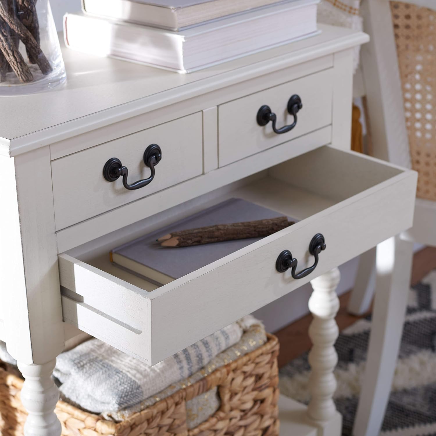 SAFAVIEH Furniture - Athena 3-Drawer Console Table - Distressed White - Solid Wood - Farmhouse Classic Design - Ideal for Entryway, Living Room, Hallway, 23.5" W x 13" D x 29.5" H (CNS5703A)
