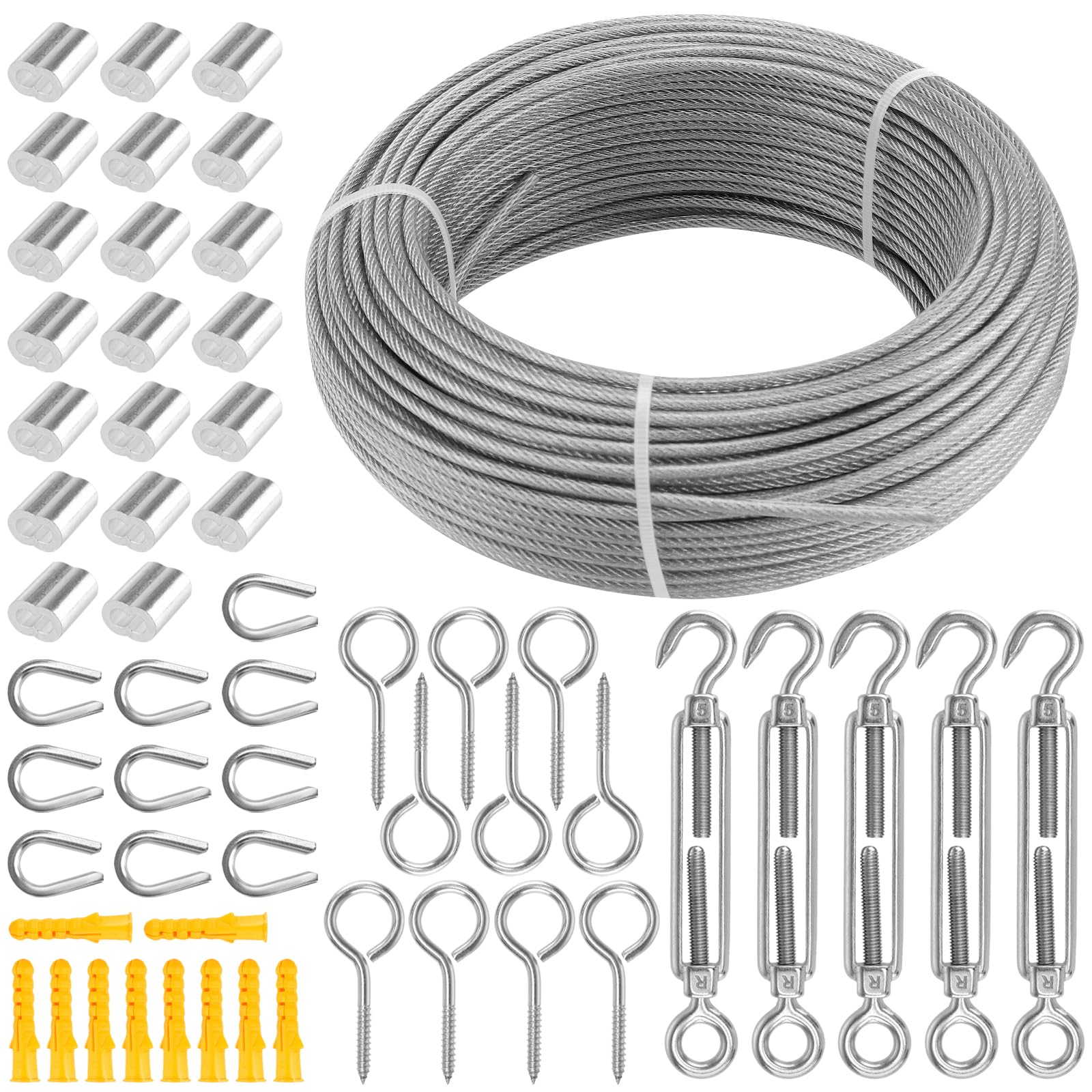56 sztuk 3mm x 50m linka stalowa ze stali nierdzewnej, zestaw z linką napinającą, zacisk ze stali nierdzewnej, śruby z oczkami, linka druciana z osłonami i aluminiowymi tulejkami, stalowa
