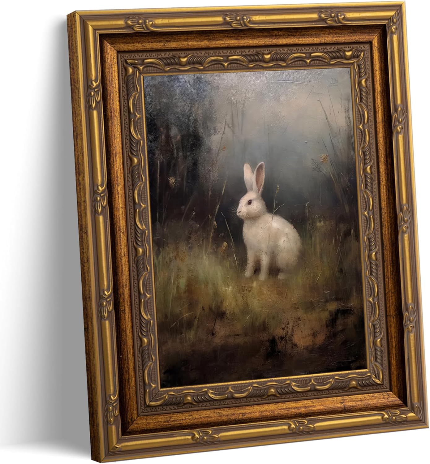 Vintage Gold Carved Frame Canvas Wall Art Hare Rabbit Painting Picture Wall Decor Retro Dark Rabbit Poster Print Artwork for Living Room 12x16in