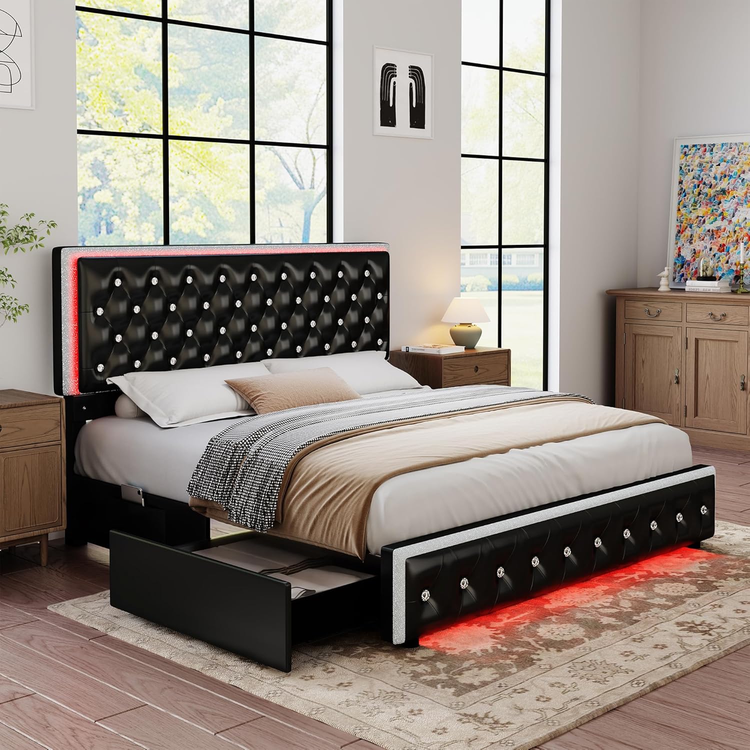 Torana Full LED Bed Frame with 2 Drawers, PU Leather Platform Bed with Crystal Tufted Headboard Footboard and 2 Side Pockets, Mattress Foundation with Wooden Slats Support, Easy Assembly, Black