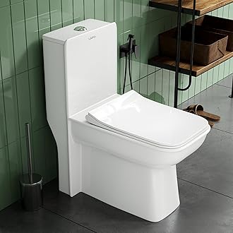 LAPO Premium Commodes for Toilet, S Trap 9 inch Outlet, One Piece Commode with Soft Close Toilet Seat, Ceramic One Piece Western Toilet with Rimless Washdown Flush (Iris, 7 Yrs Warranty) - White