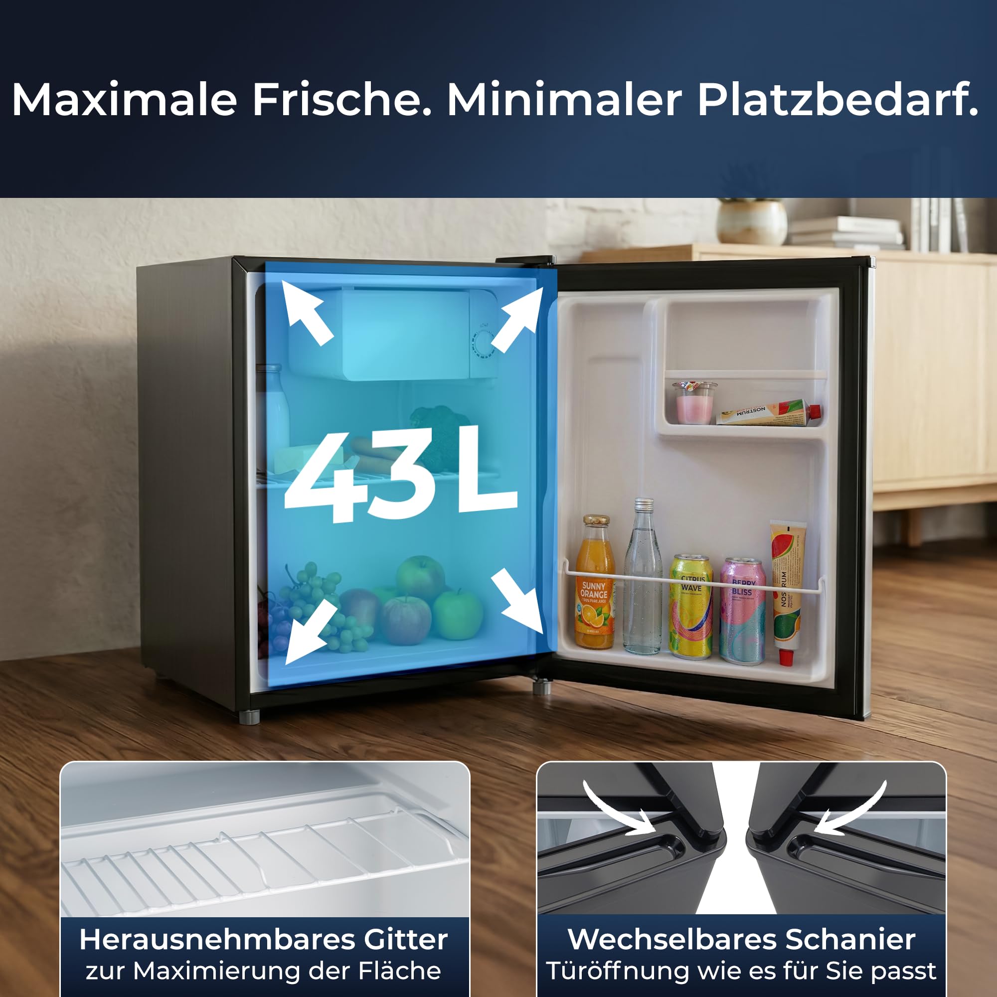KLAMER Mini Kühlschrank 43 L, Kleiner Kühlschrank Schwarz, 6 Kühstufen, Kompressor, Schnellkühlfach, Herausnehmbares Gitter, Minibar, Kühlschrank Klein