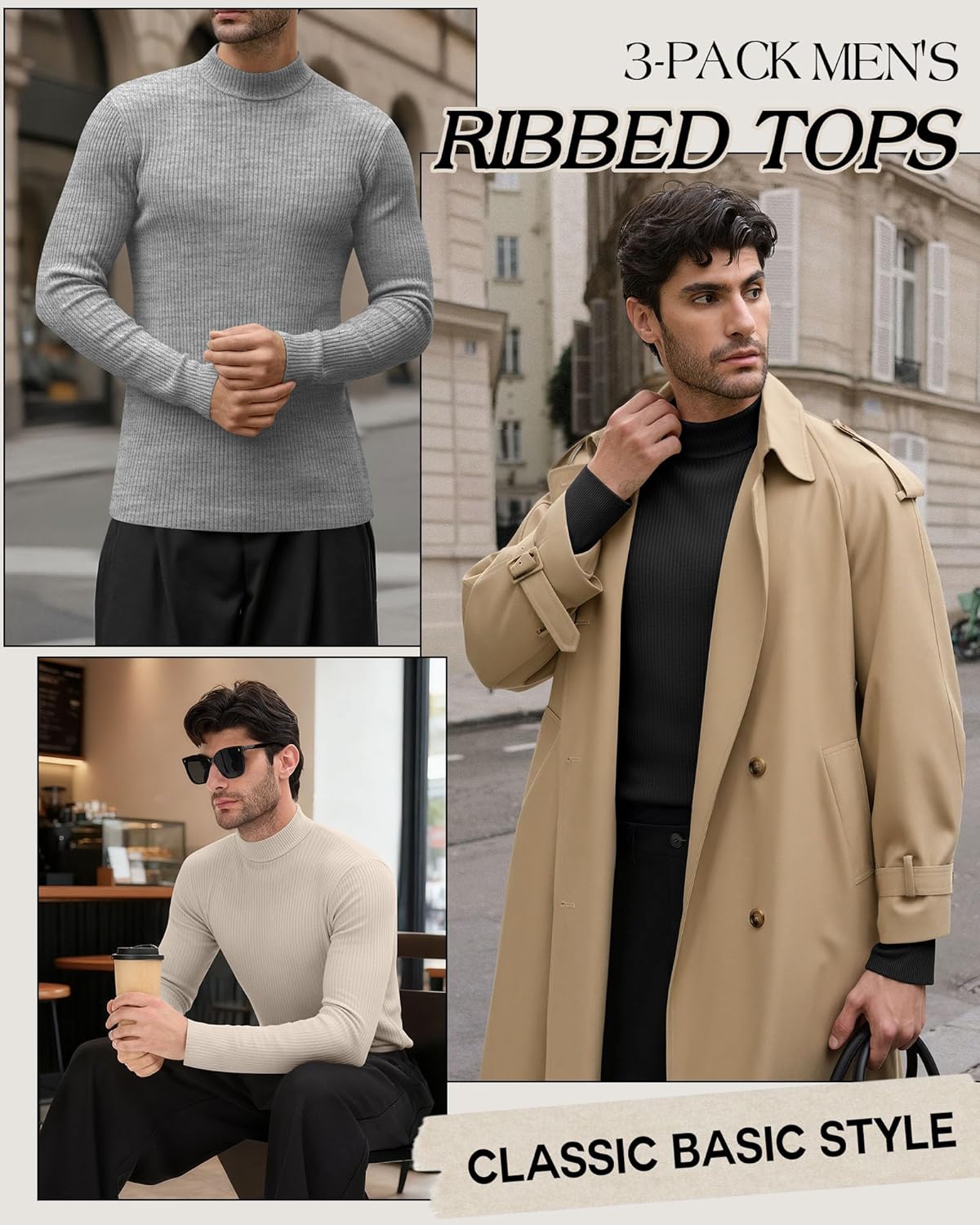 3 Pack Men's Mock Turtleneck Sweaters Cotton Long Sleeve Ribbed Pullover Sweater Knit Slim Fit Mock Neck Tshirts - Image 2