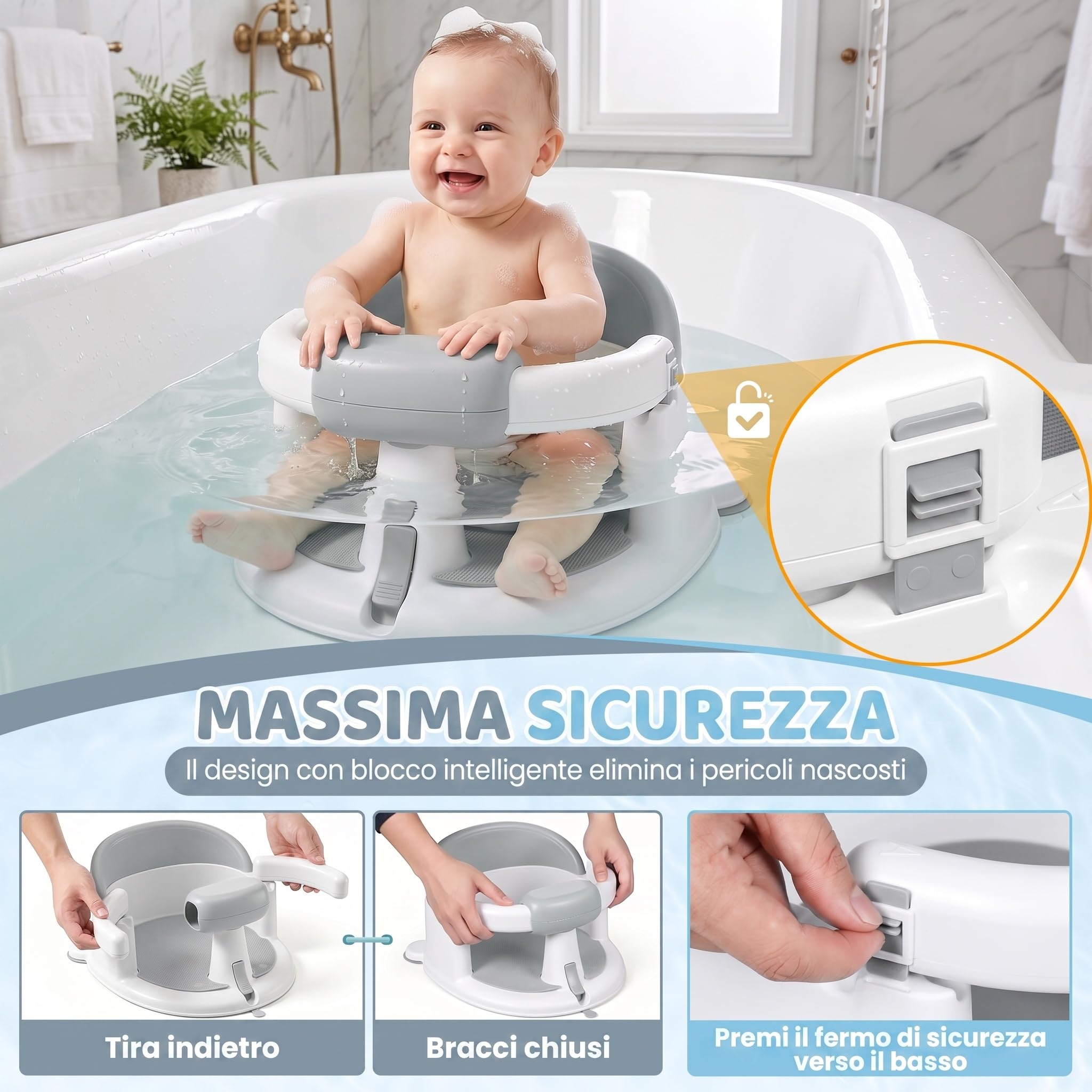 Seggiolino Doccia Bimbo da 6 a 24 mesi con Adesivo Temperatura, Grigio