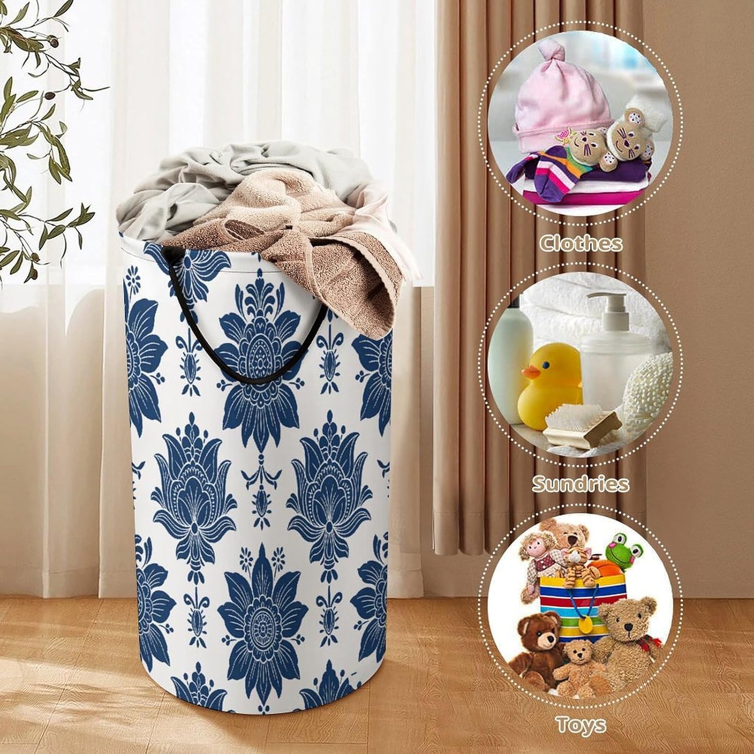 Navy Ethnic Floral Laundry Hamper Portable Lightweight Clothes Hampers Fashion Dirty Laundry Storage Basket Large Capacity Foldable Clothes Baskets for Bathroom Bedroom