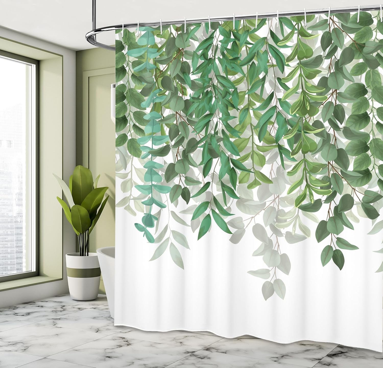 Ambesonne Eucalyptus Shower Curtain, Greenery Nature Themed Ornament with Leaves and Branches Art, Cloth Fabric Bathroom Decor Set with Hooks, 69" W x 75" L, Fern Green Seafoam and White