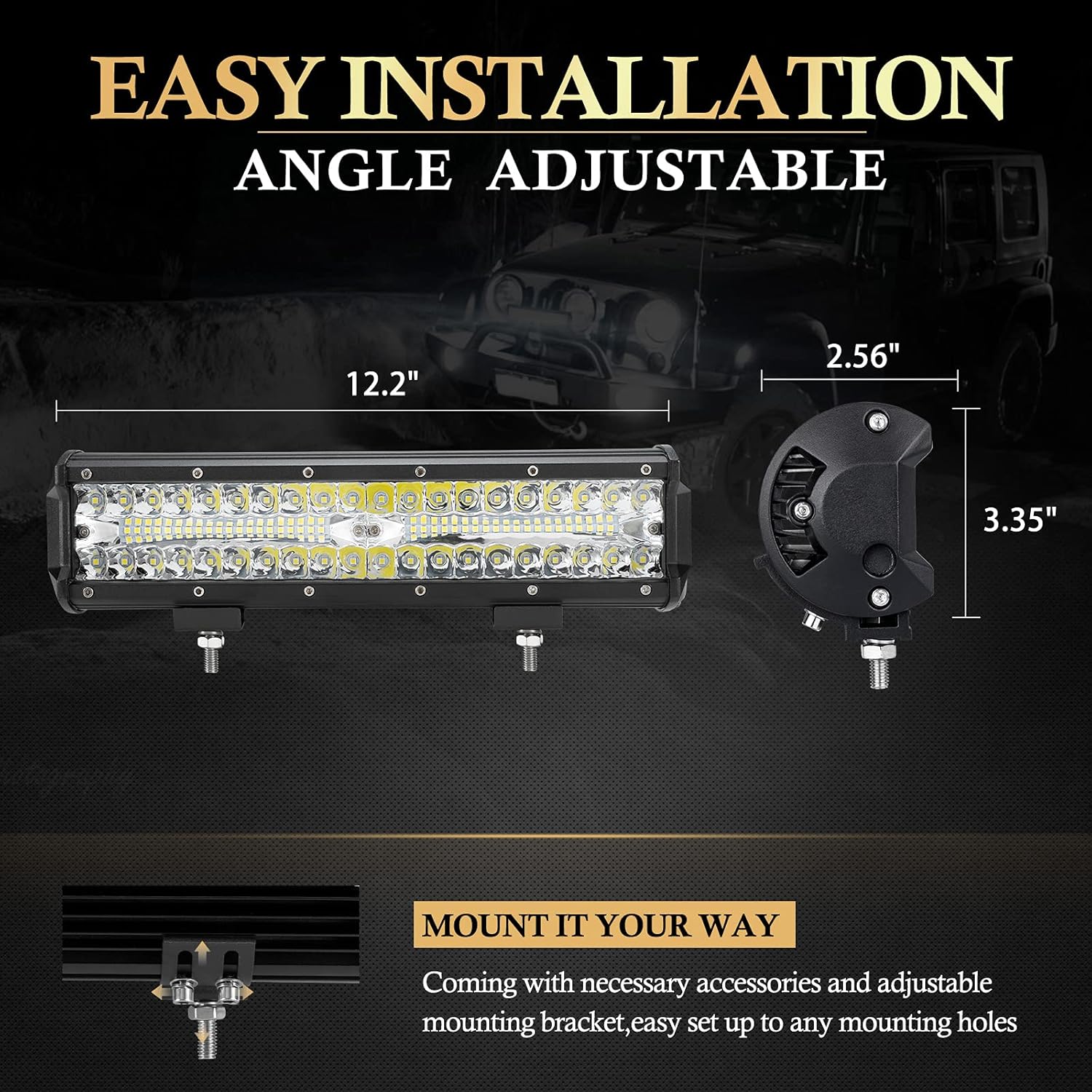 BUNKER INDUST 12 Inch LED Light Pods with Wiring Harness Kit, 2Pcs Spot Flood Beam 68000LM Triple Row Light Bar Waterproof Work Lights for ATV UTV Truck Tractor Boat Golf Cart Offroad Fog Driving