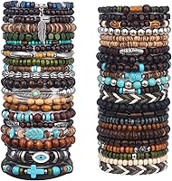 Giovanchi 41PCS Adjustable Wooden Beaded Bracelets for Men Women - Punk Boho Bulk Wood Bangles, Meaningful Gift Set