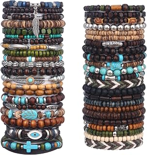 Giovanchi 41PCS Adjustable Wooden Beaded Bracelets for Men Women - Punk Boho Bulk Wood Bangles, Meaningful Gift Set
