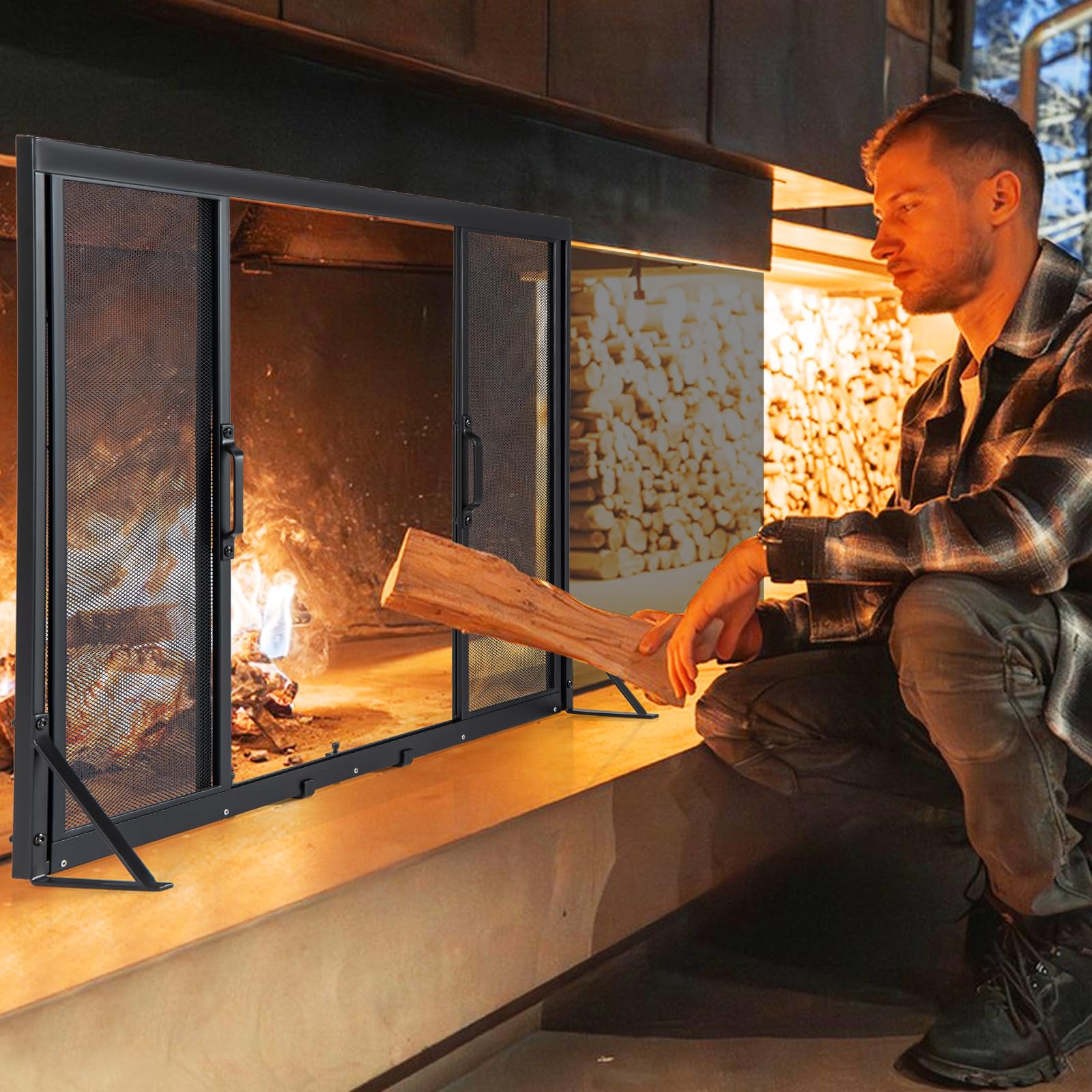 COSTWAY Pare Feu Cheminée avec Portes Coulissantes, Écran Métal, Pare-étincelles Maille, Grille Protection Poêle, Cadre Triangulaire 96x79 cm