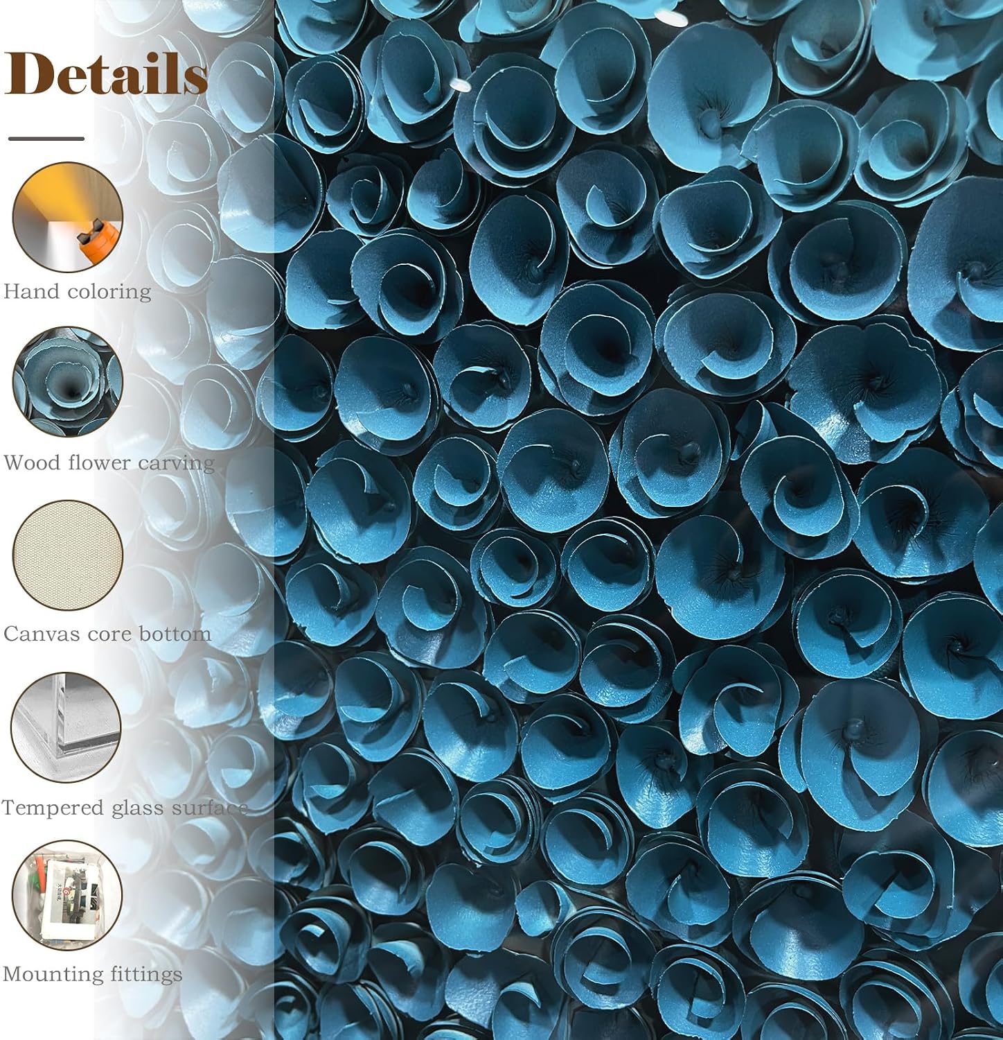 LIUZEYUE - Frame artwork on the wall, handmade wooden flowers, 3D wall decoration, modern living room, 23.6"x23.6" blue