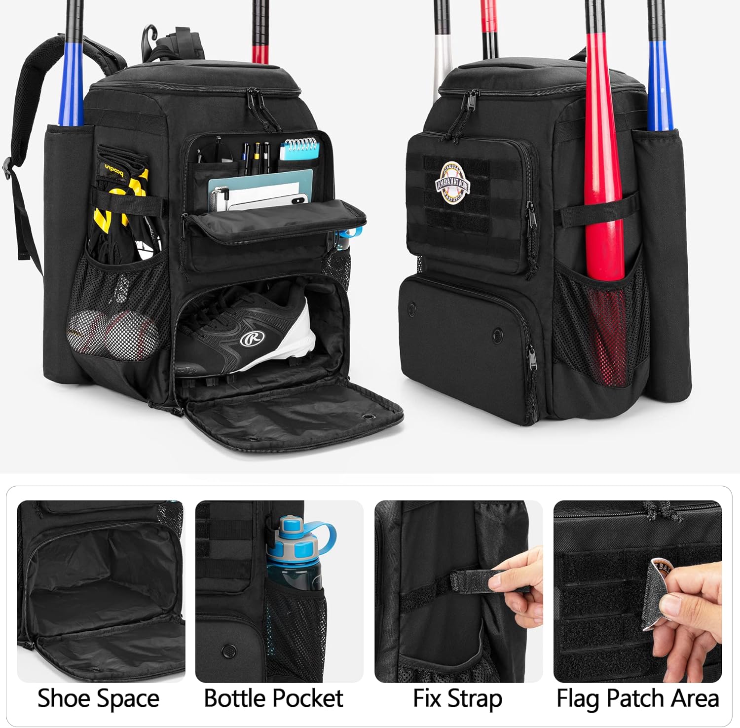 DSLEAF Baseball Backpack with 2 Bat Sleeves, Softball Bag with Vented Shoe Space and Multi Pockets for Adults (Patent Design) - Image 3